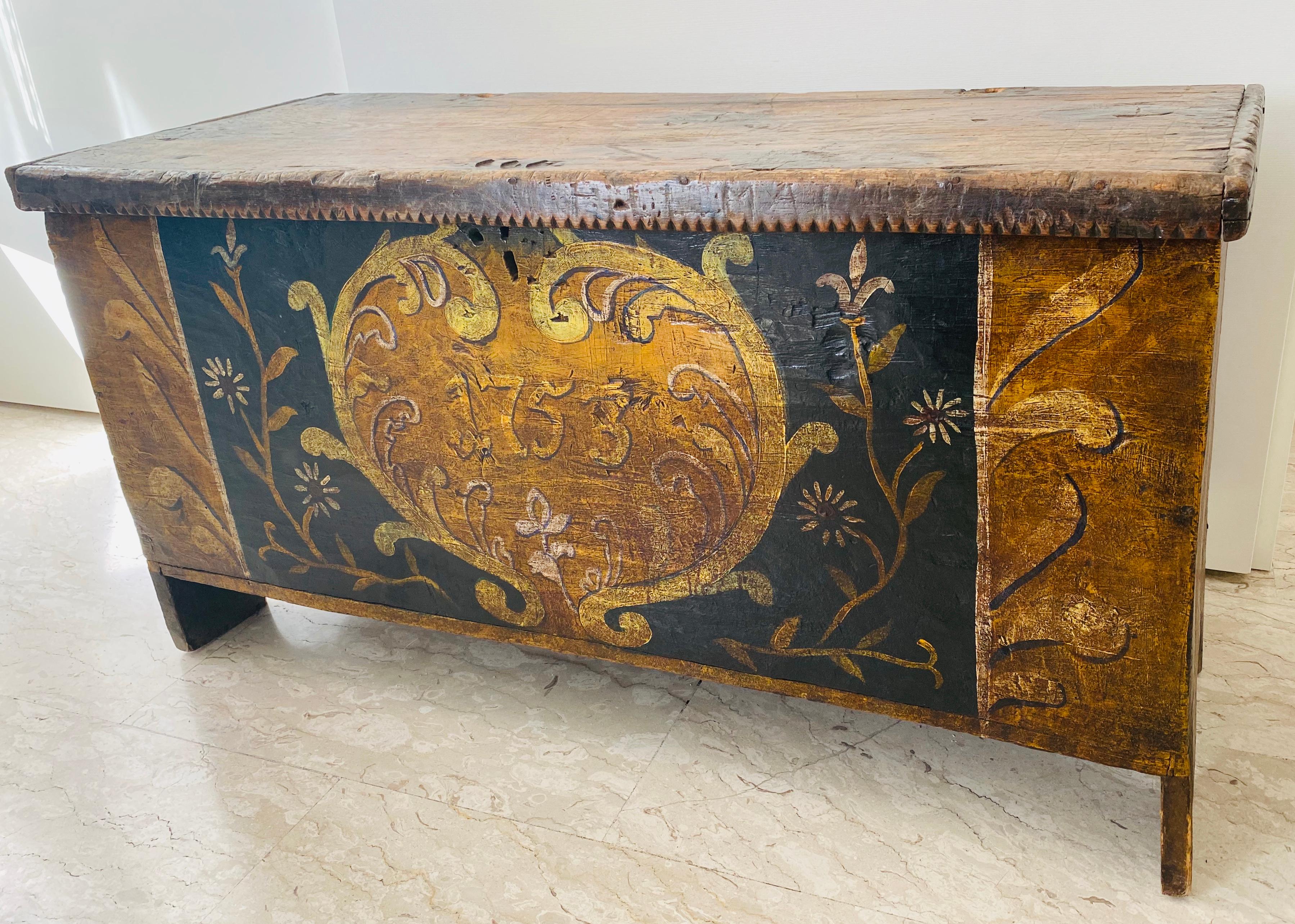 Wedding chest, coming from a Florentine family, with a renaissance villa in Frascati, Italy. Totally handmade and composed of single pieces of wood, cut with a hatchet. Finely decorated. Museum piece.