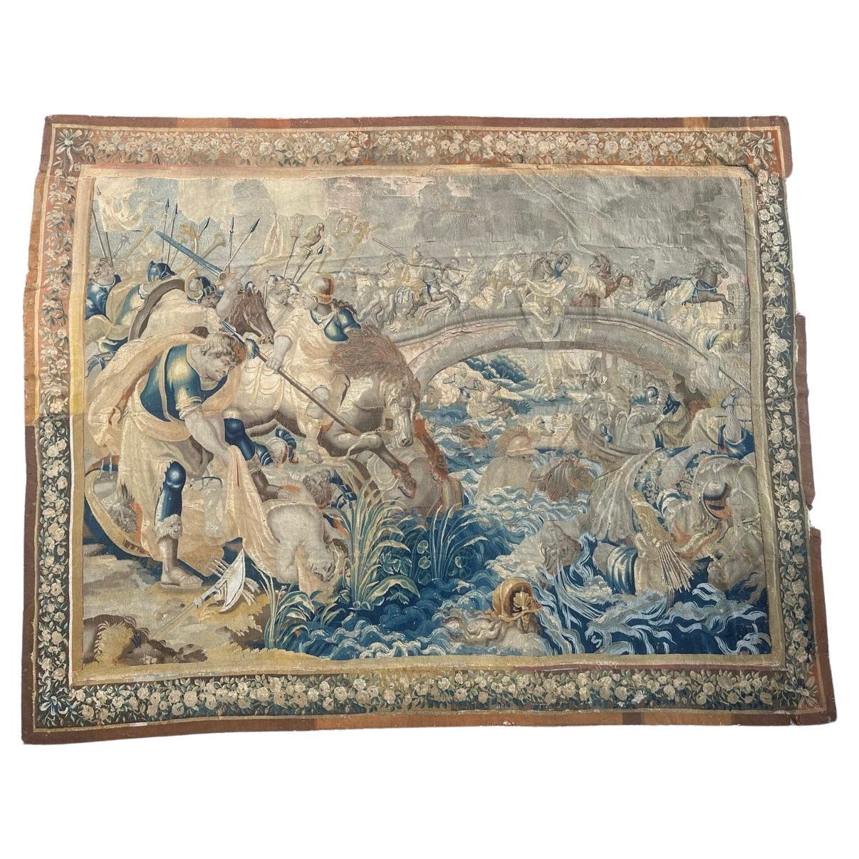 Magnífico Tapiz Aubusson antiguo del siglo XVII escena de batalla histórica