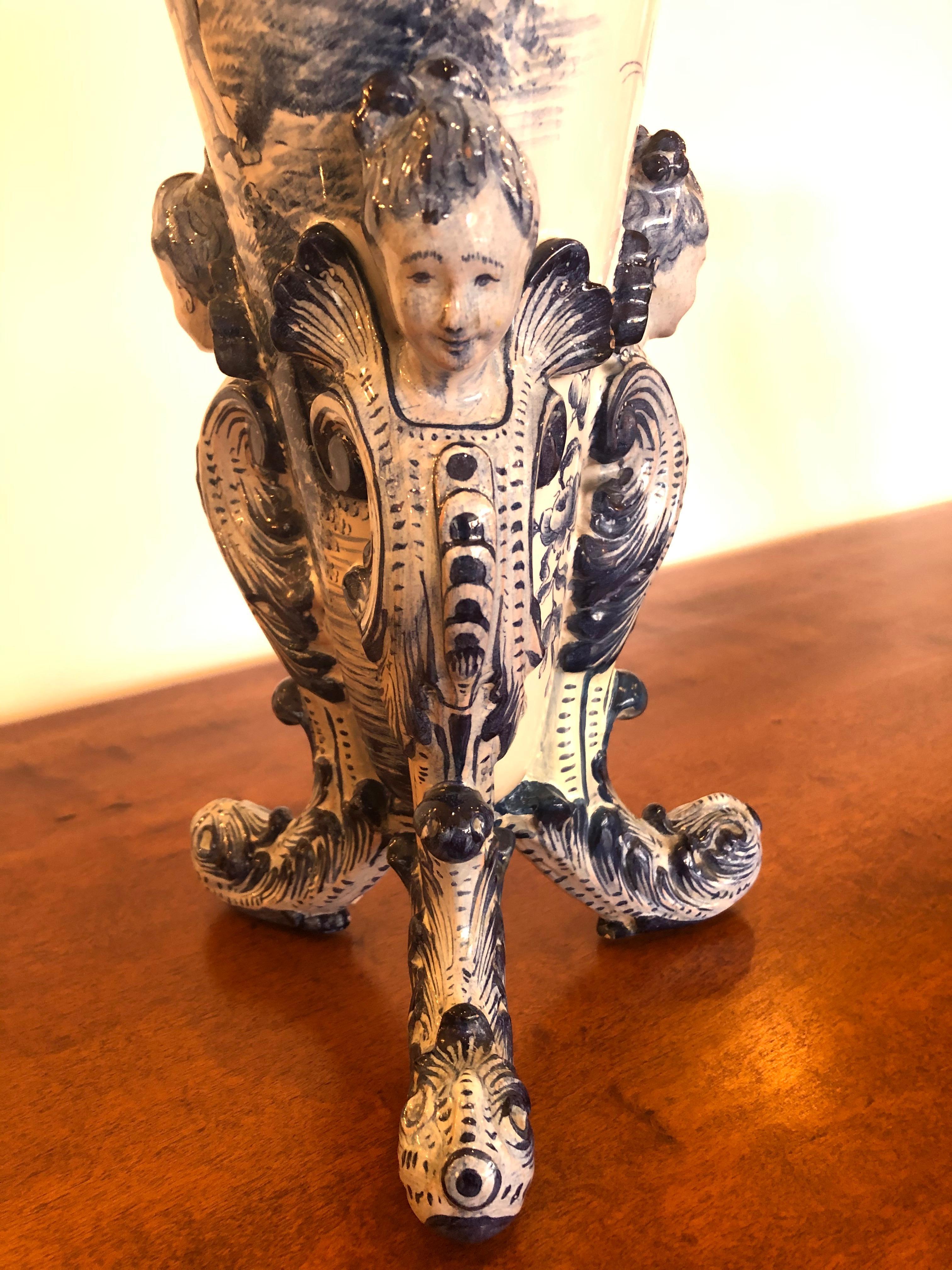 Gorgeous Antique Large Italian Blue and White Ceramic Figural Vase For Sale 6