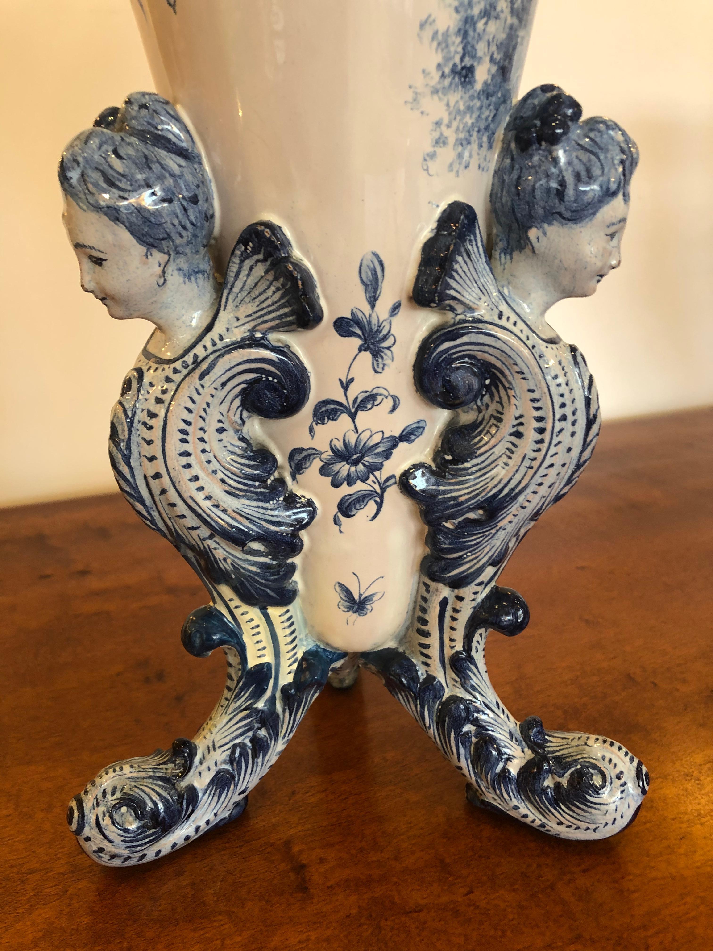Pottery Gorgeous Antique Large Italian Blue and White Ceramic Figural Vase For Sale