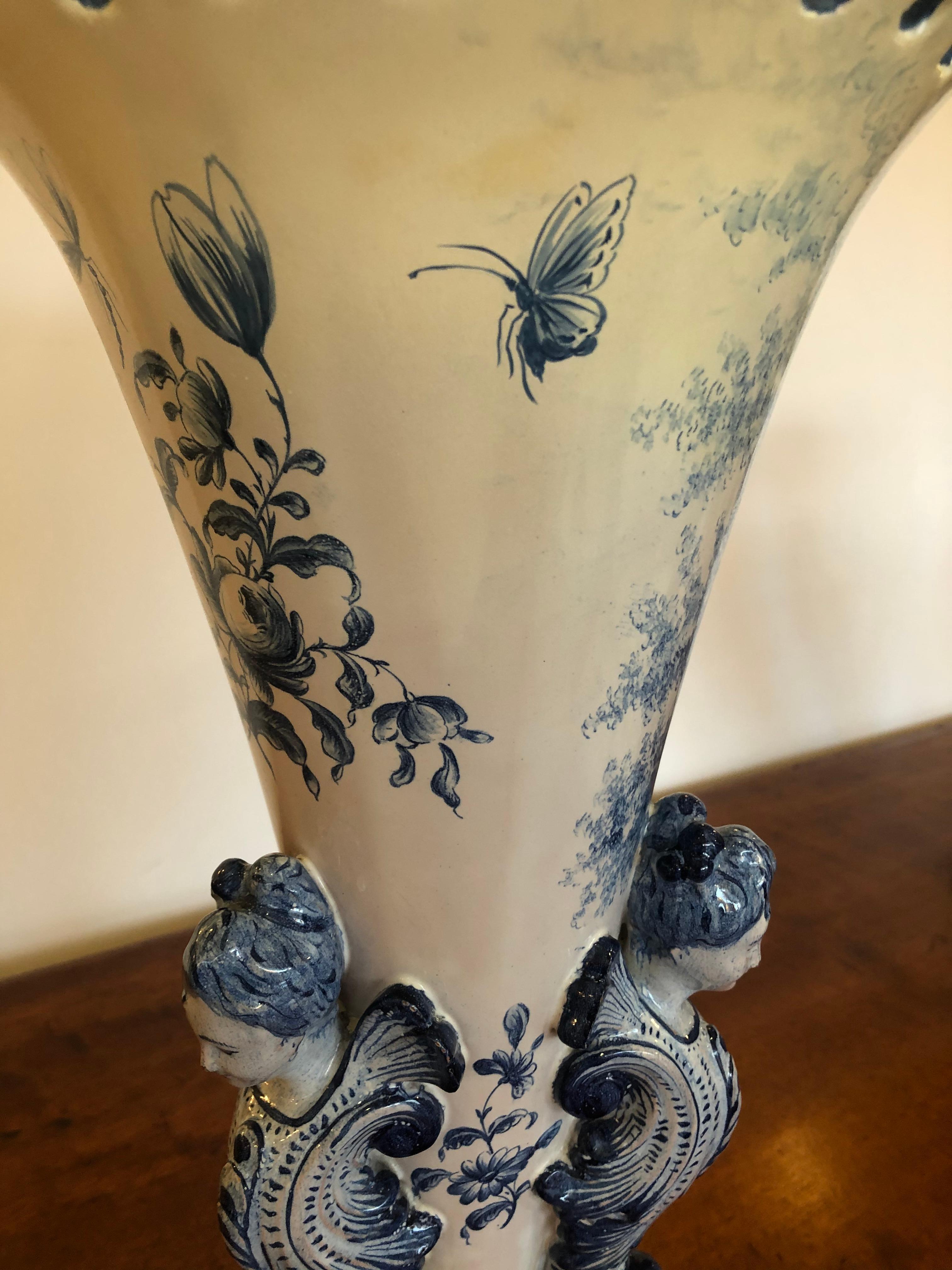 Gorgeous Antique Large Italian Blue and White Ceramic Figural Vase For Sale 1