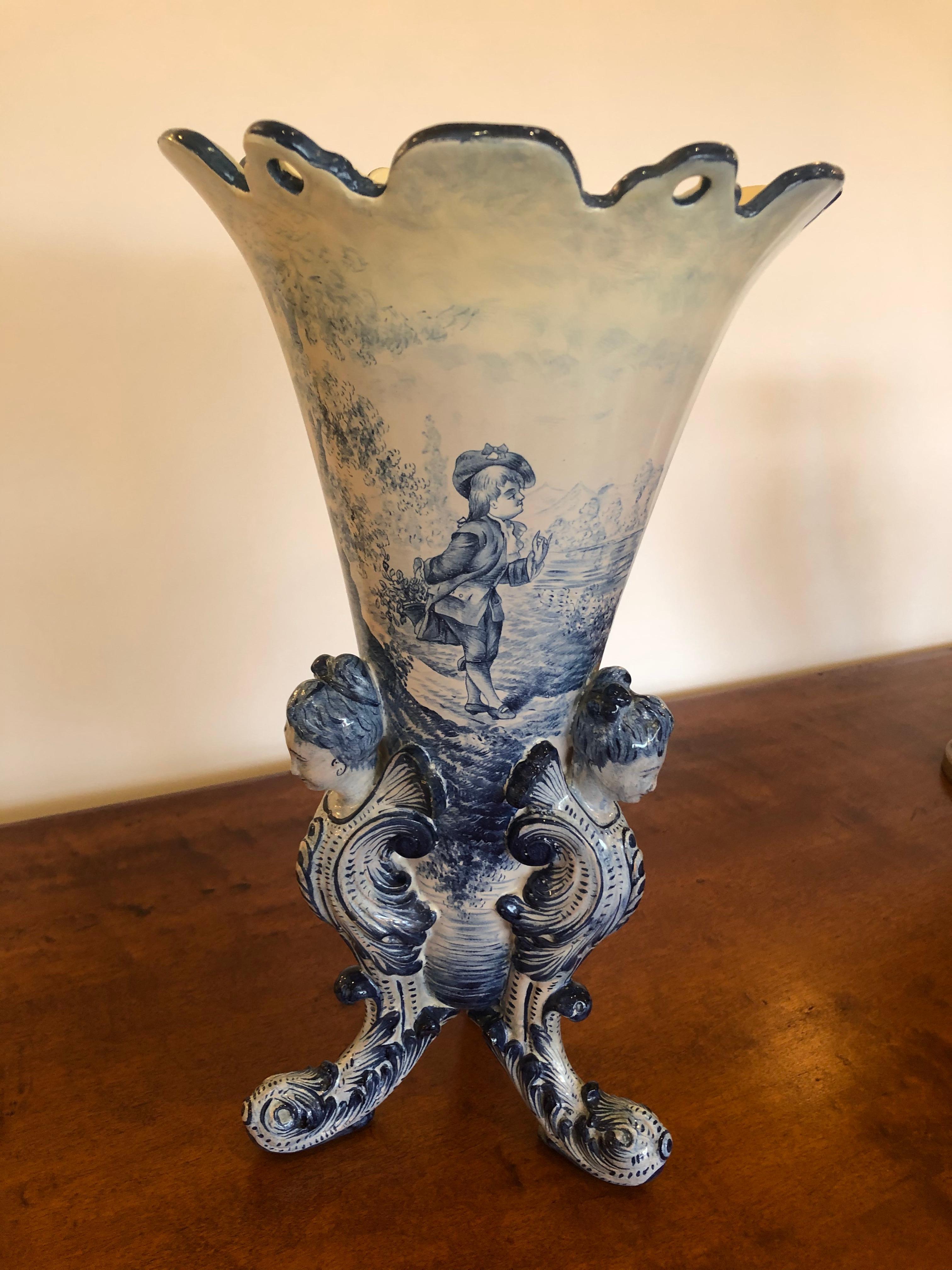 Gorgeous Antique Large Italian Blue and White Ceramic Figural Vase For Sale 3