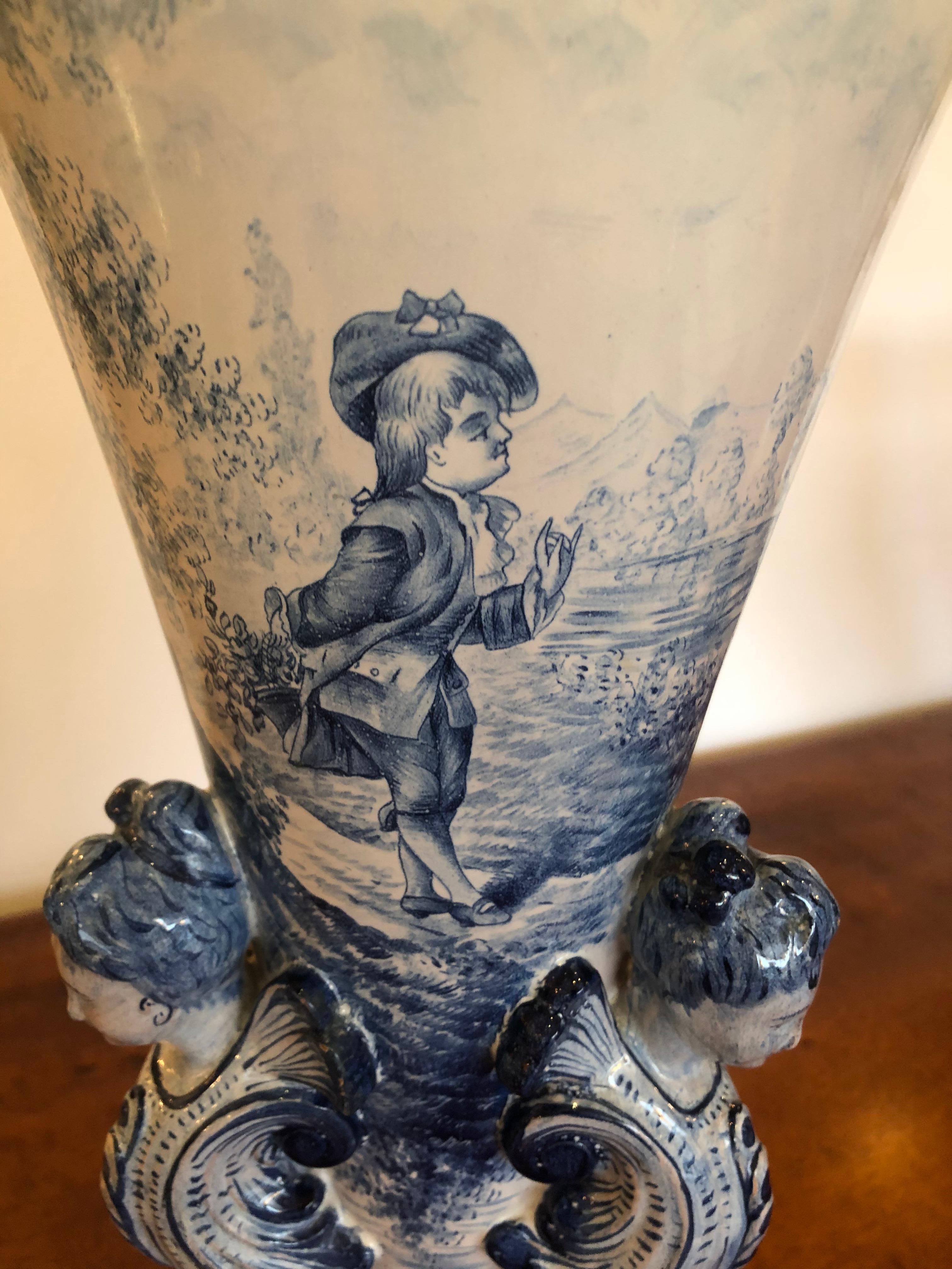 Gorgeous Antique Large Italian Blue and White Ceramic Figural Vase For Sale 4