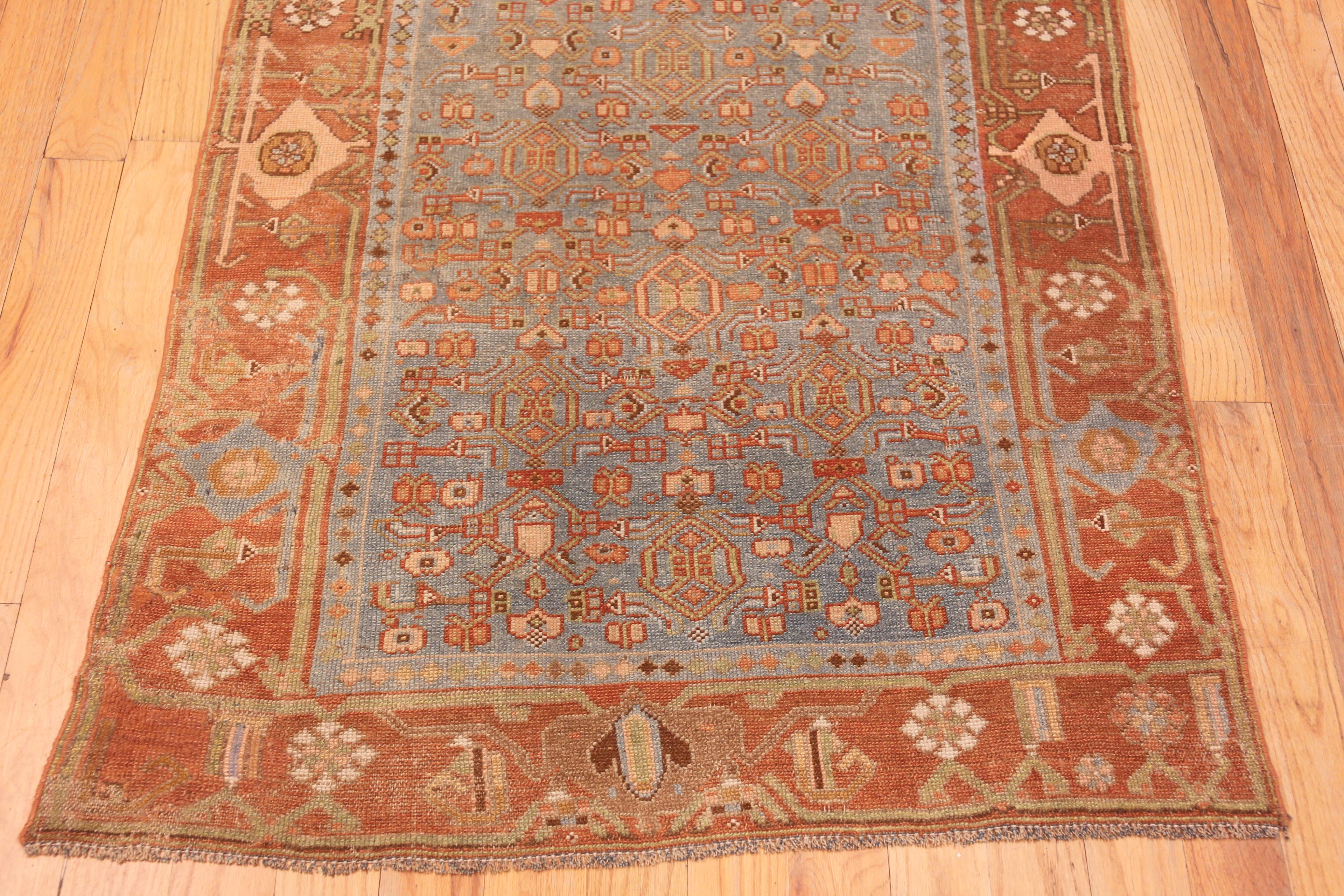 Hand-Knotted Gorgeous Antique Malayer Persian Blue Background Runner Rug 3'2