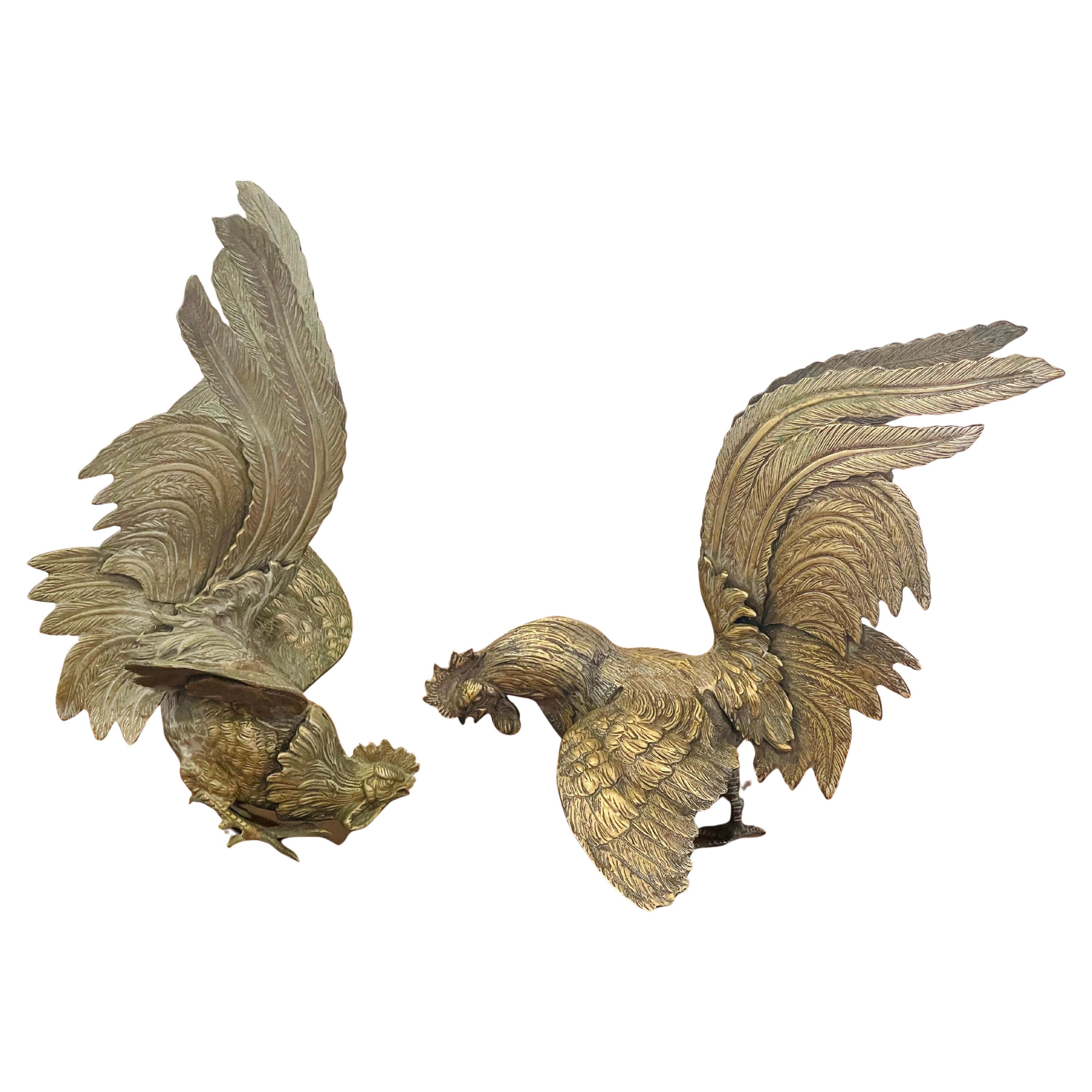 Gorgeous Antique Pair of Fighting Roosters For Sale