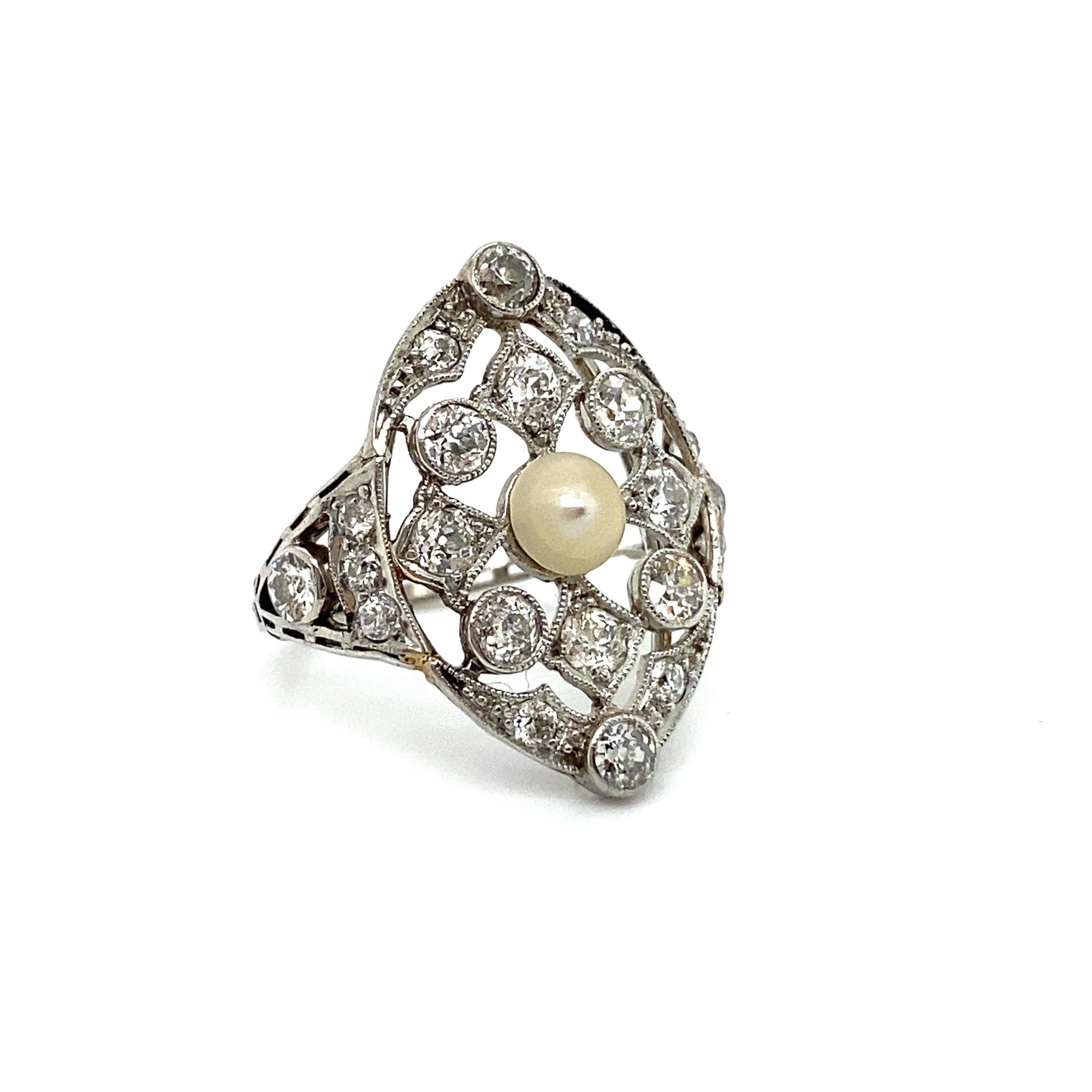 Hi there gorgeous!! I just LOVE this Beautiful Antique Pearl and Diamond Ring. So much sparkle and such a unique design! Crafted in all Platinum, this amazing ring features a stunning navette design of diamond studded lacy openwork, with a wonderful