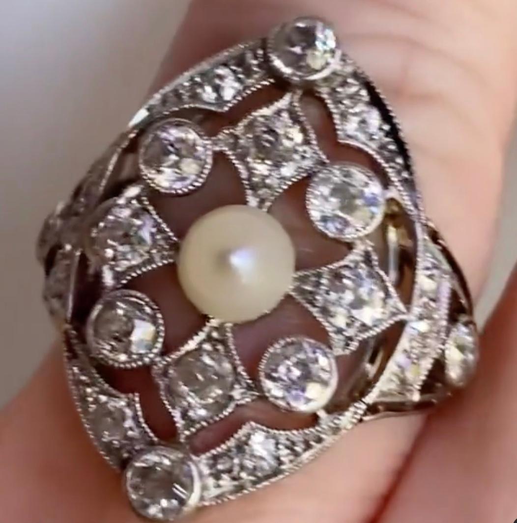 Old Mine Cut Gorgeous Antique Platinum Pearl and Diamond Ring, 2.00ct For Sale