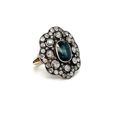 Gorgeous Antique Russian 14K Yellow Gold Diamond and Teal Sapphire Ring - 5.25ct