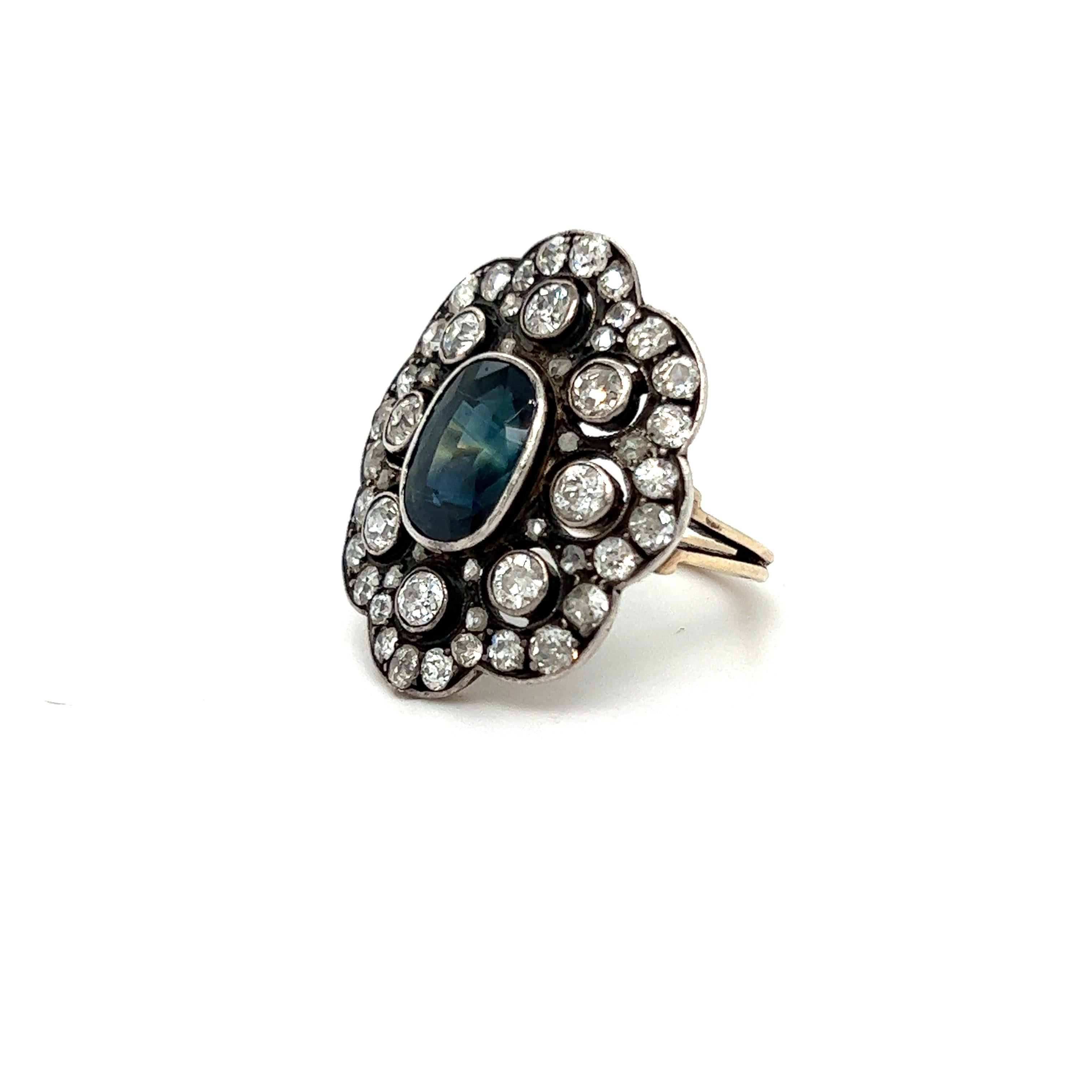 Victorian Gorgeous Antique Russian 14K Yellow Gold Diamond and Teal Sapphire Ring - 5.25ct For Sale