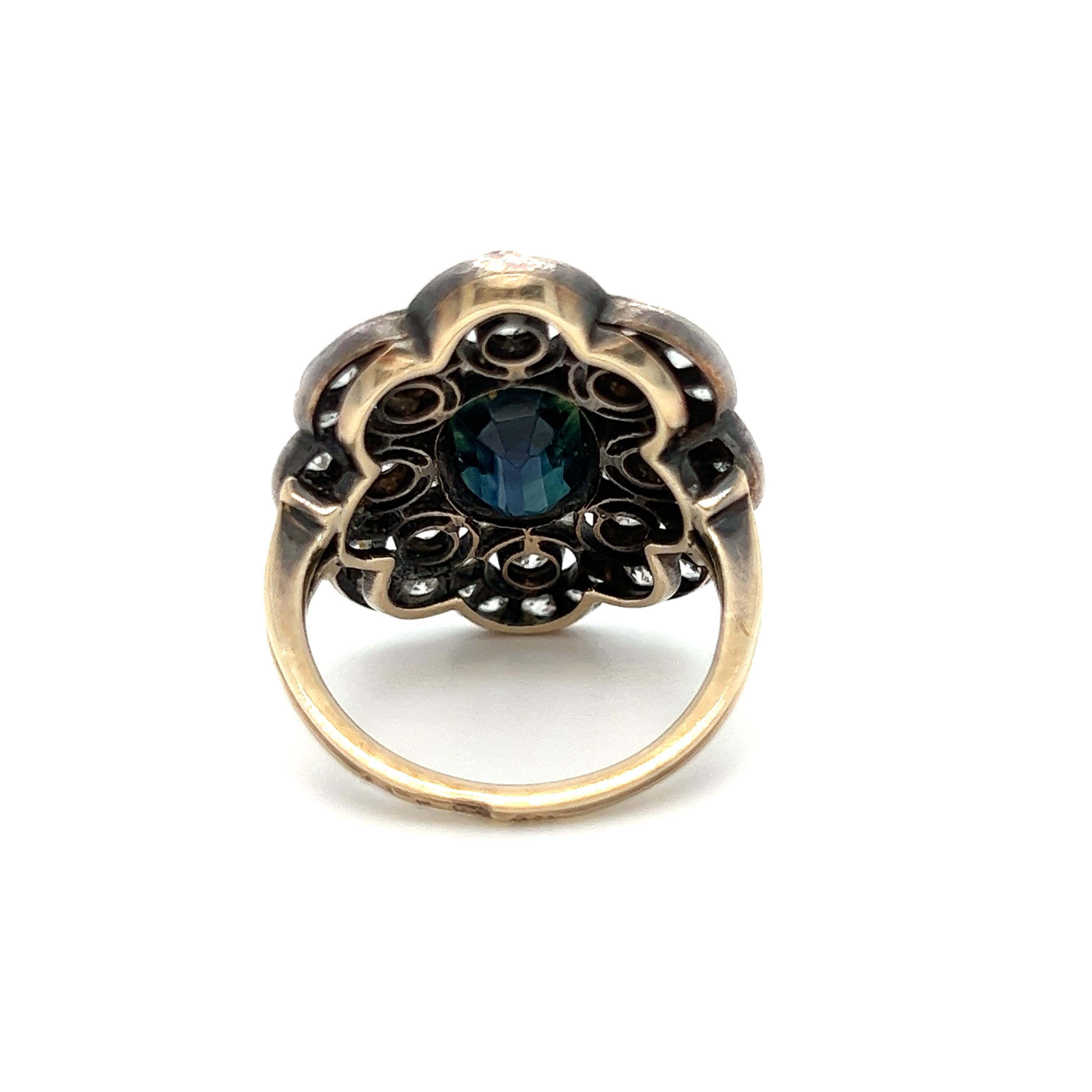 Antique Cushion Cut Gorgeous Antique Russian 14K Yellow Gold Diamond and Teal Sapphire Ring - 5.25ct For Sale