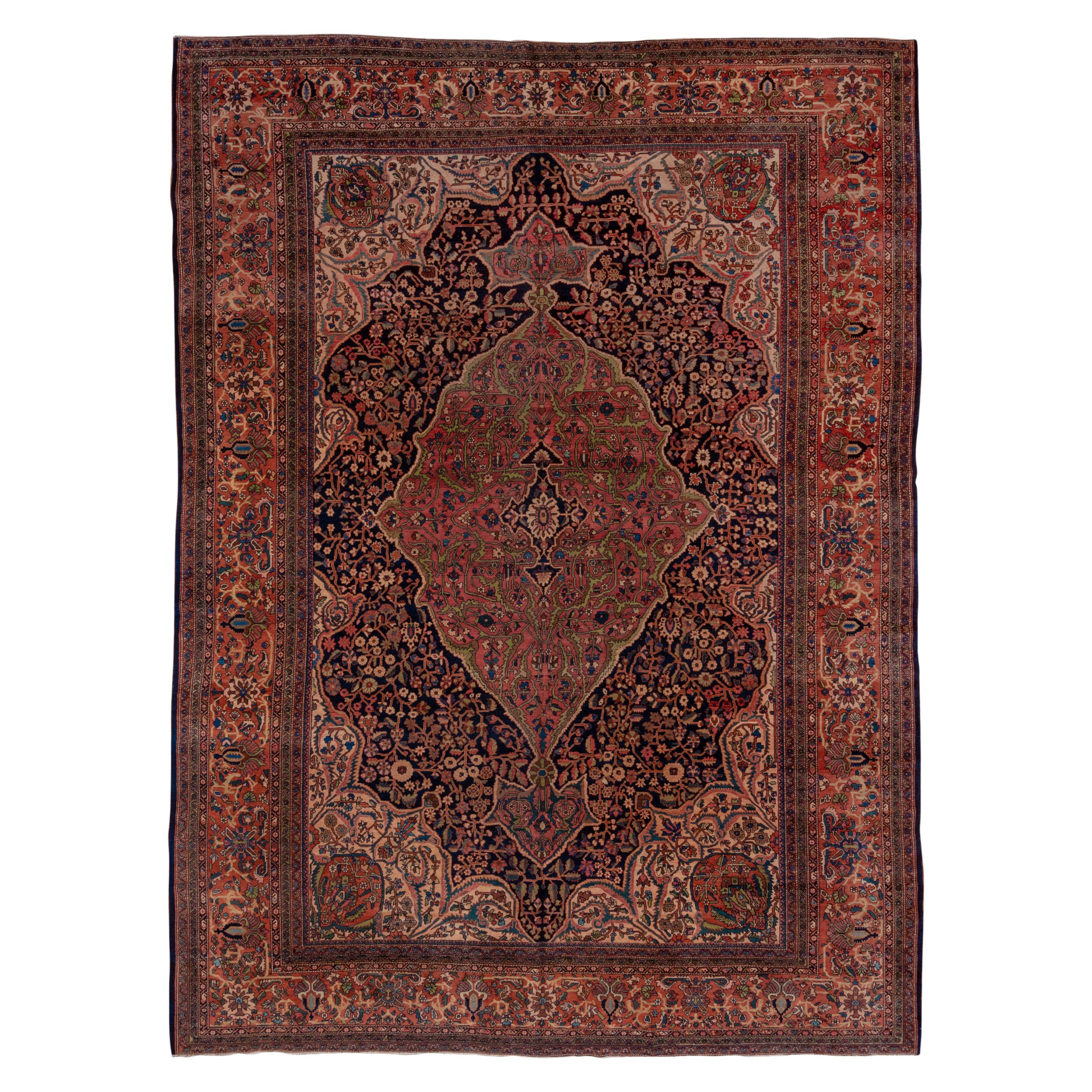 Gorgeous Antique Sarouk Farahan Carpet, Pink, Green, Navy and Orange Accents