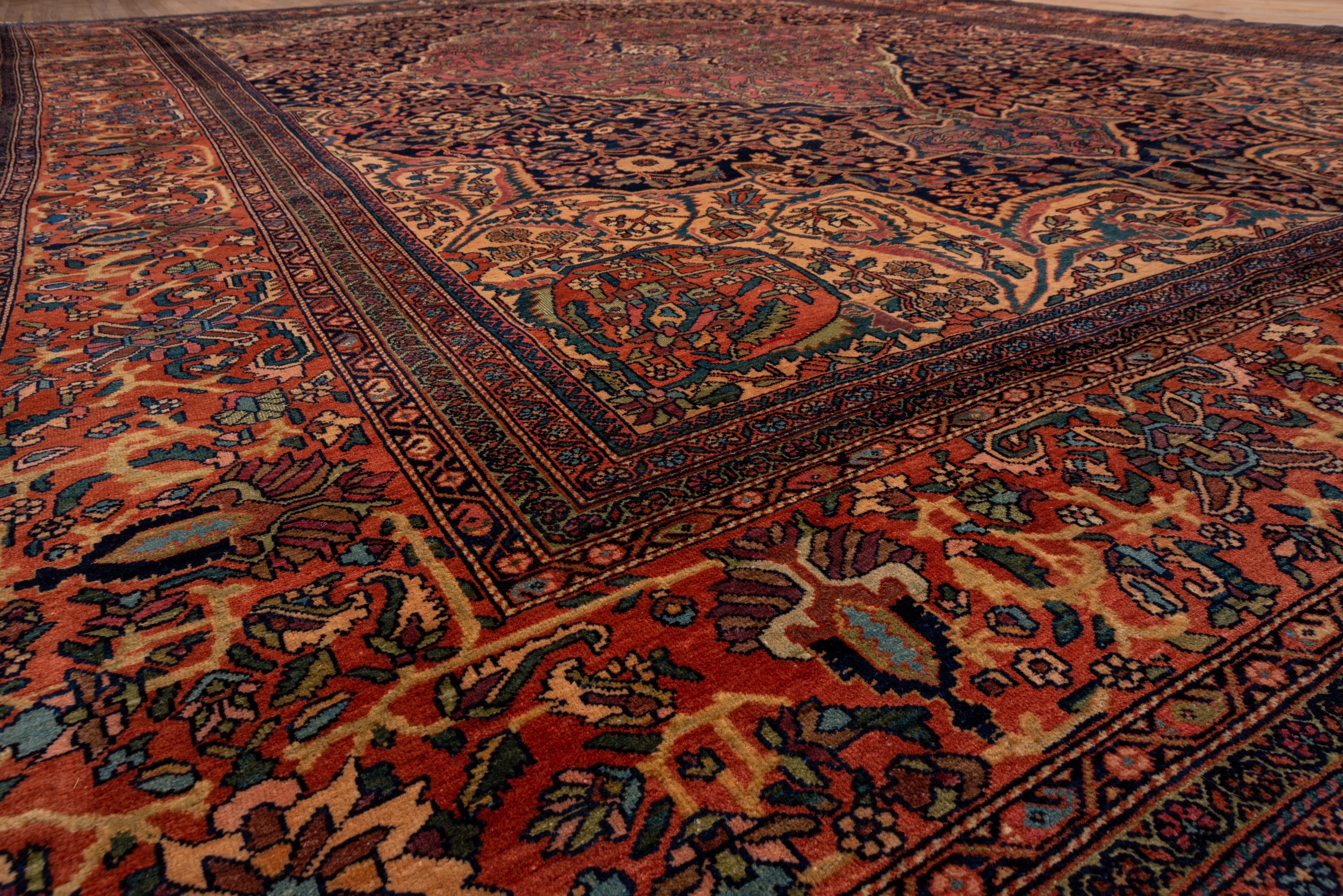Hand-Knotted Gorgeous Antique Sarouk Farahan Carpet, Pink, Green, Navy and Orange Accents For Sale