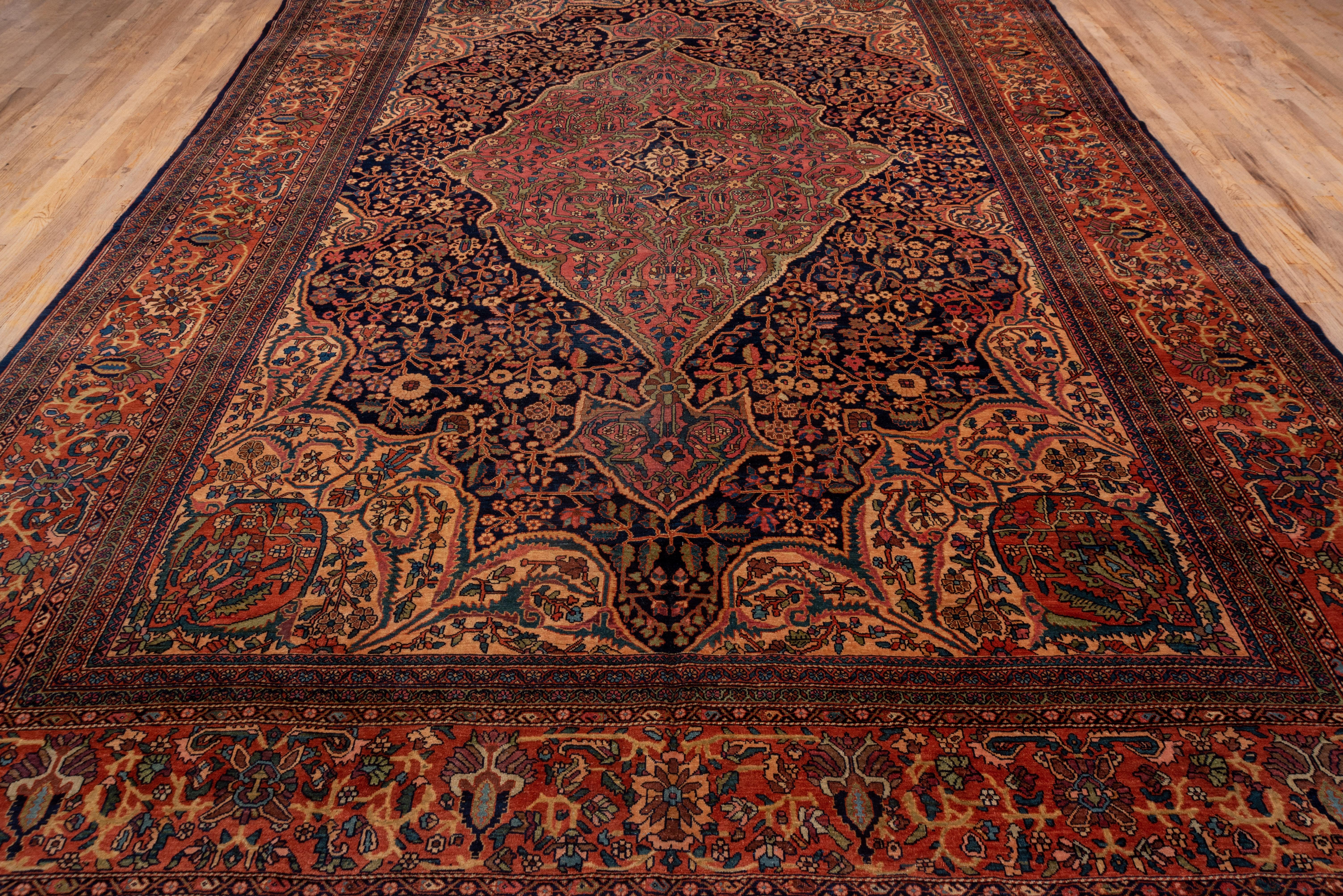 Gorgeous Antique Sarouk Farahan Carpet, Pink, Green, Navy and Orange Accents In Good Condition For Sale In New York, NY