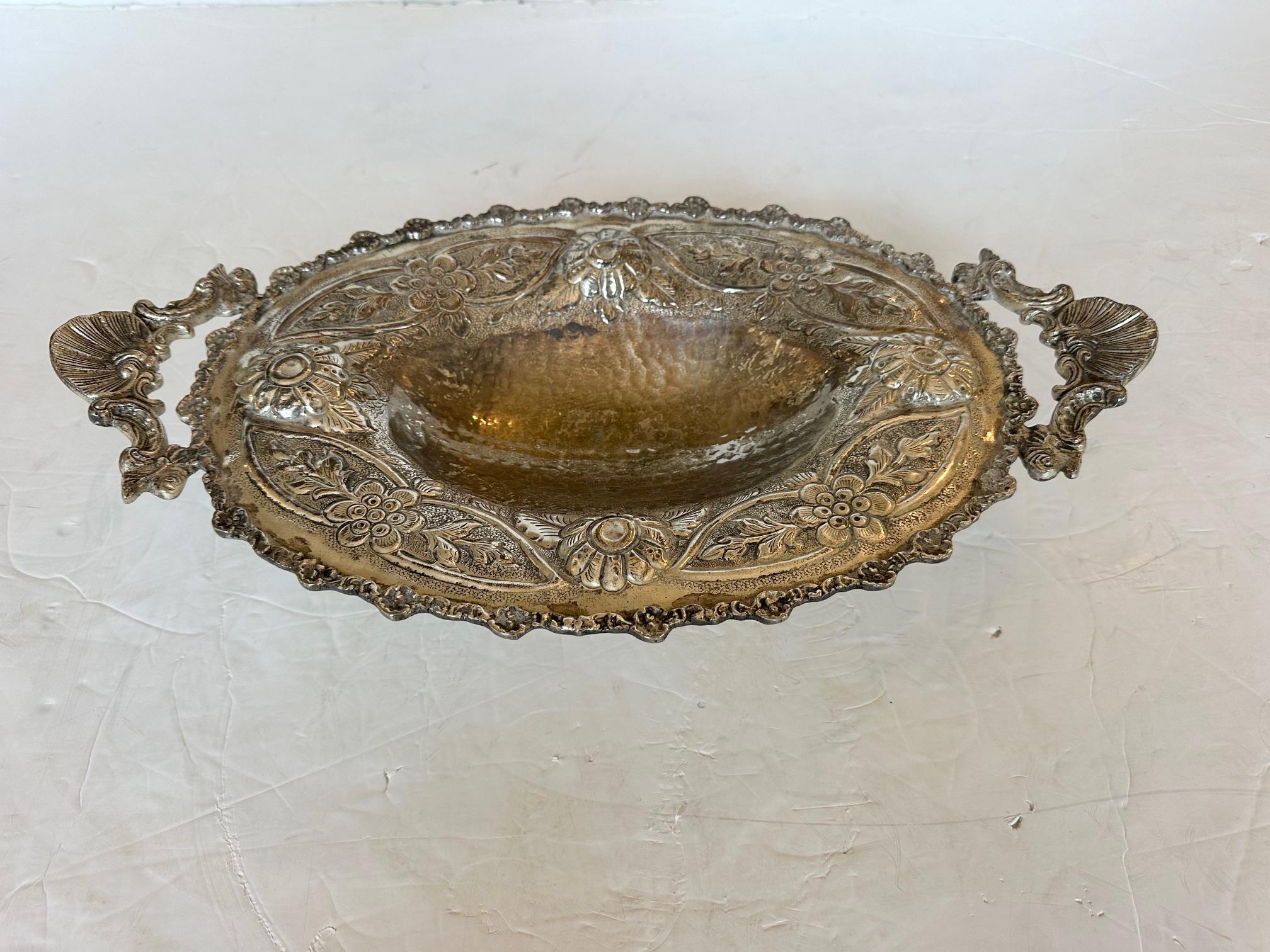 Silver Plate Gorgeous Antique Spanish Repousse Silverplate Compote Dish For Sale