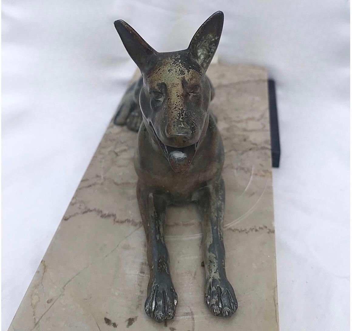 French Gorgeous Art Deco Cold Painted Spelter Alsatians Seated on a Marble Base For Sale