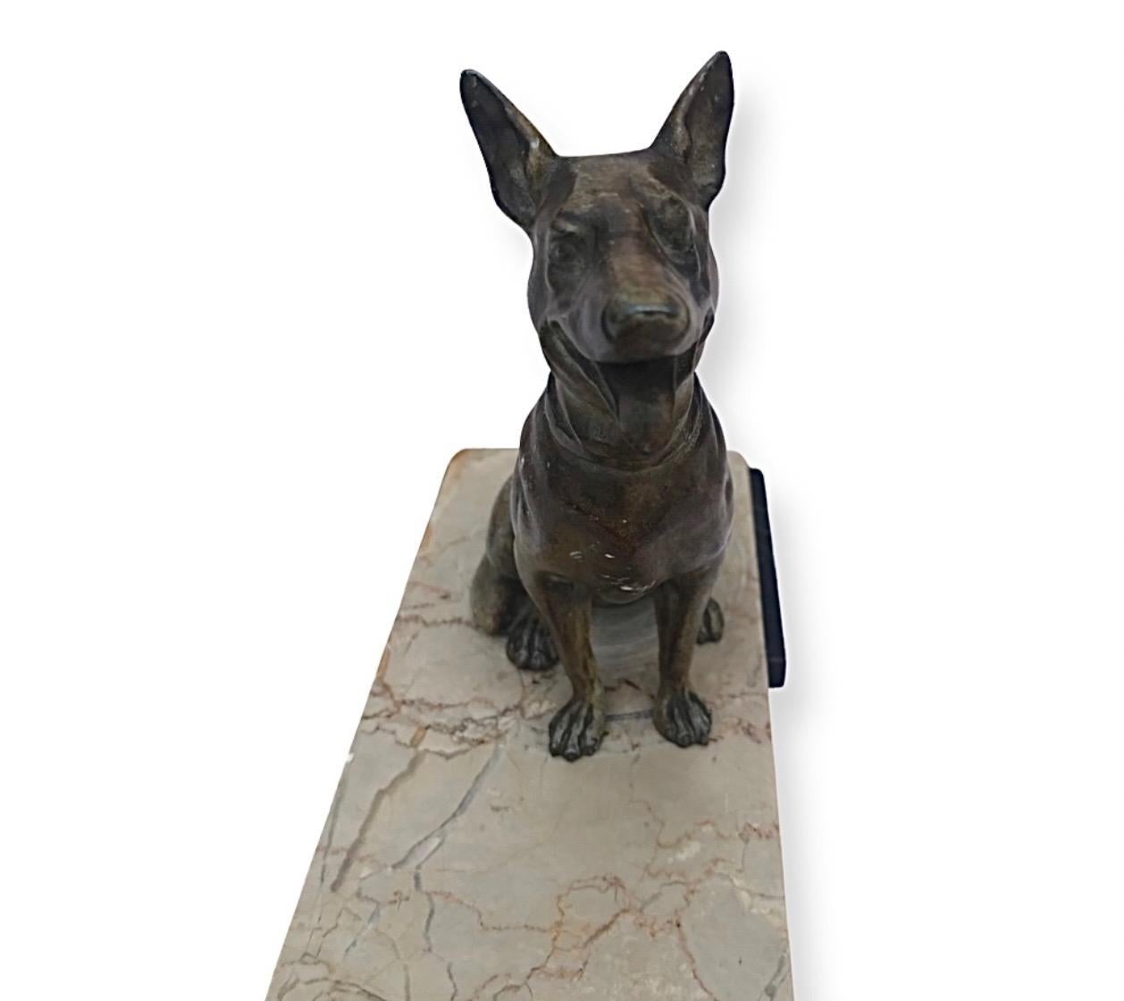 Gorgeous Art Deco Cold Painted Spelter Alsatians Seated on a Marble Base In Good Condition For Sale In Barnstaple, GB