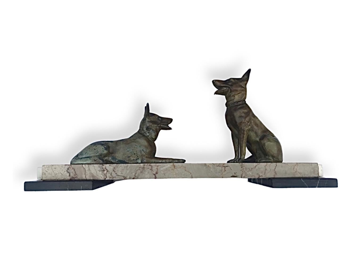 Mid-20th Century Gorgeous Art Deco Cold Painted Spelter Alsatians Seated on a Marble Base For Sale