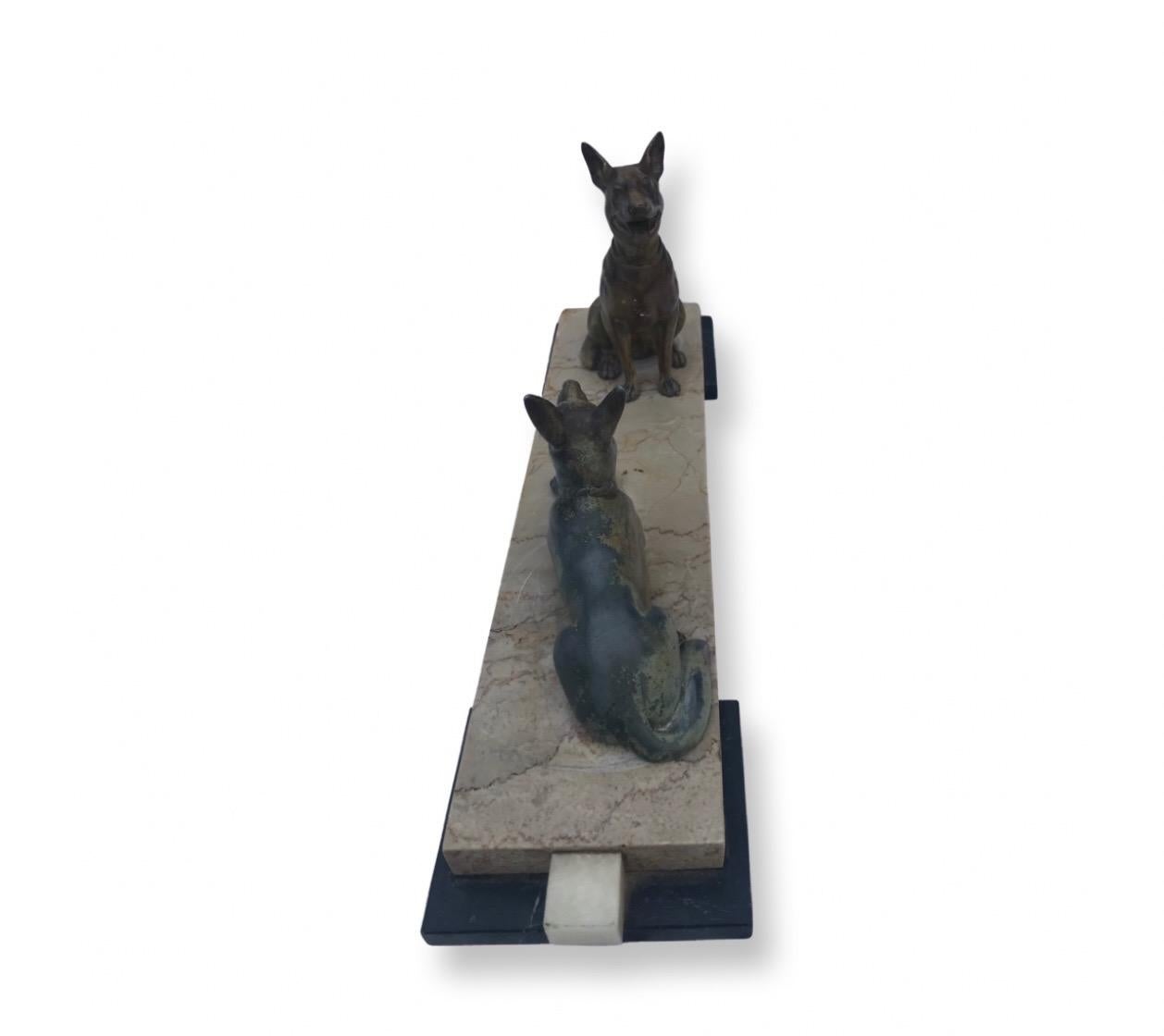 Gorgeous Art Deco Cold Painted Spelter Alsatians Seated on a Marble Base For Sale 2
