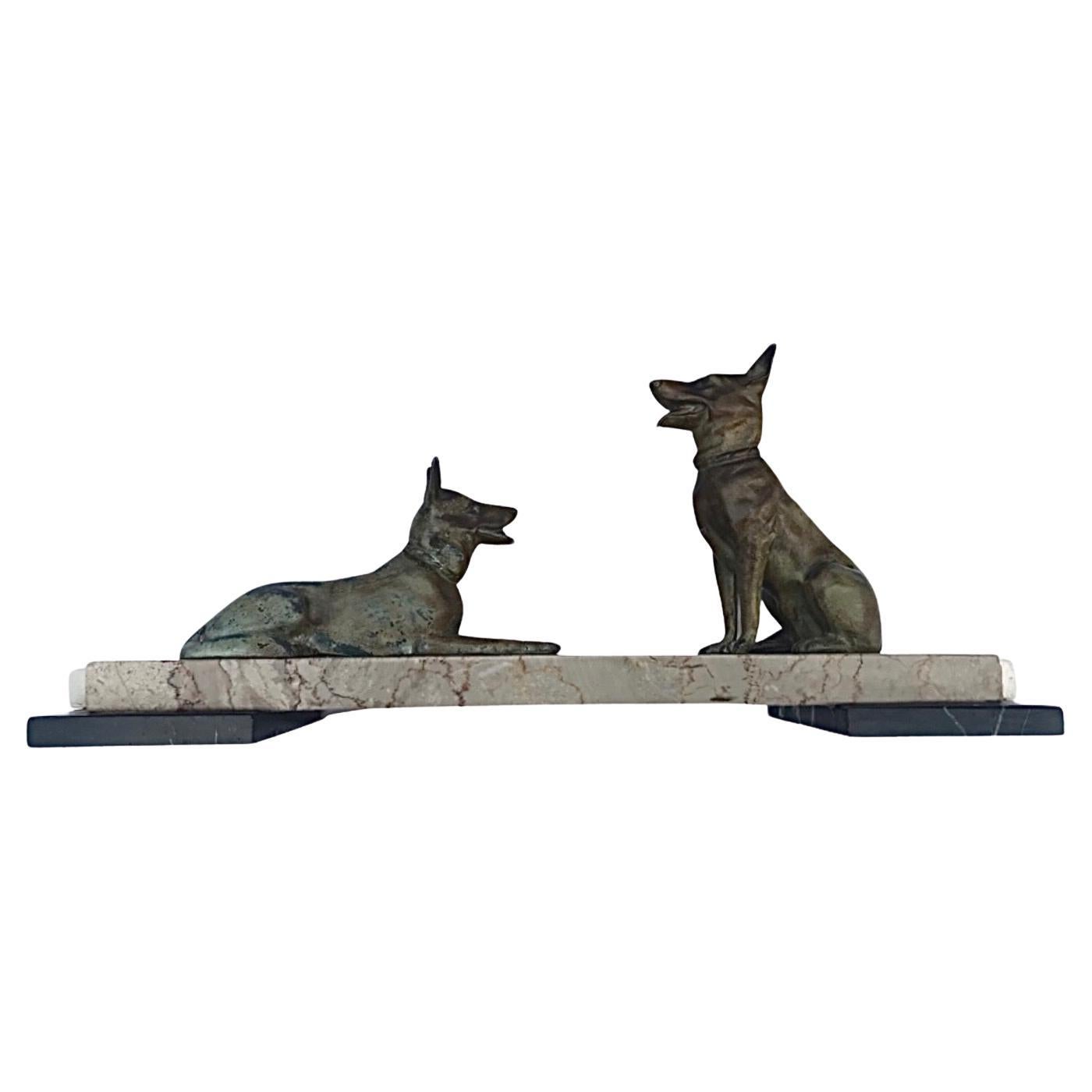 Gorgeous Art Deco Cold Painted Spelter Alsatians Seated on a Marble Base