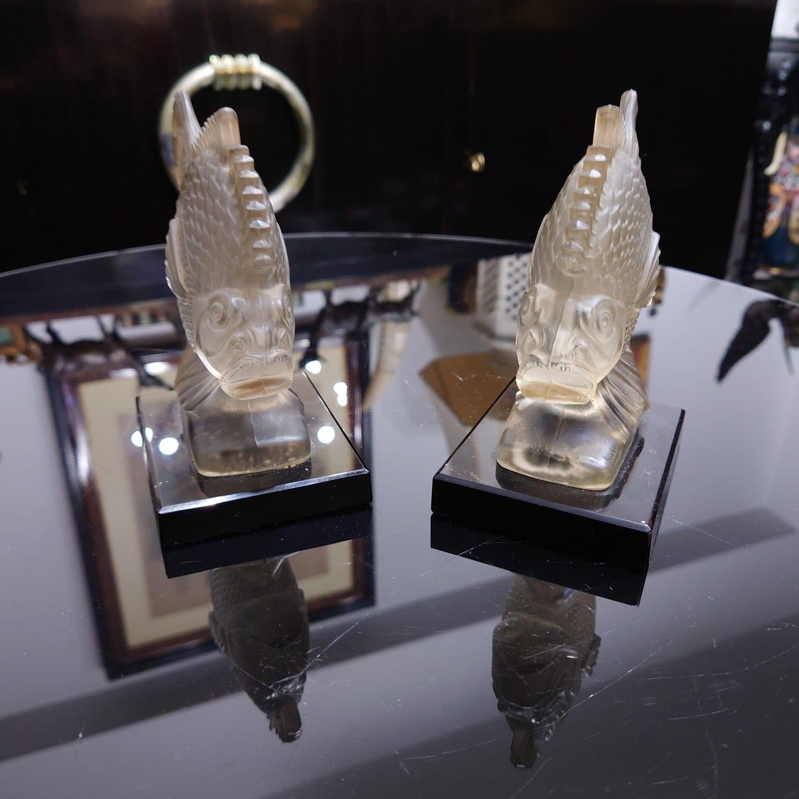 Pair of Art Deco Glass Figurines Piranha Molded Fish by Ferjac France 1930s For Sale 1