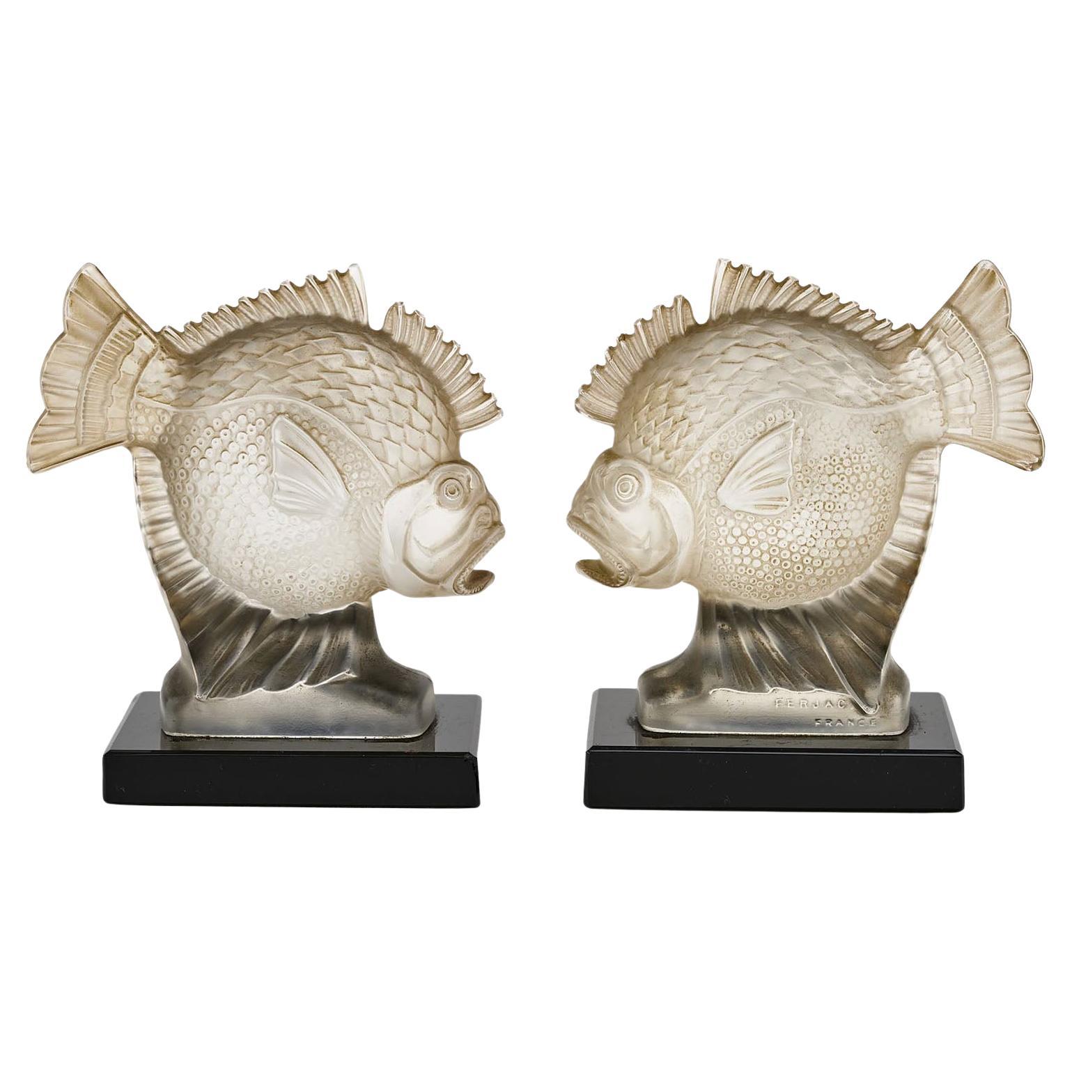 Pair of Art Deco Glass Figurines Piranha Molded Fish by Ferjac France 1930s
