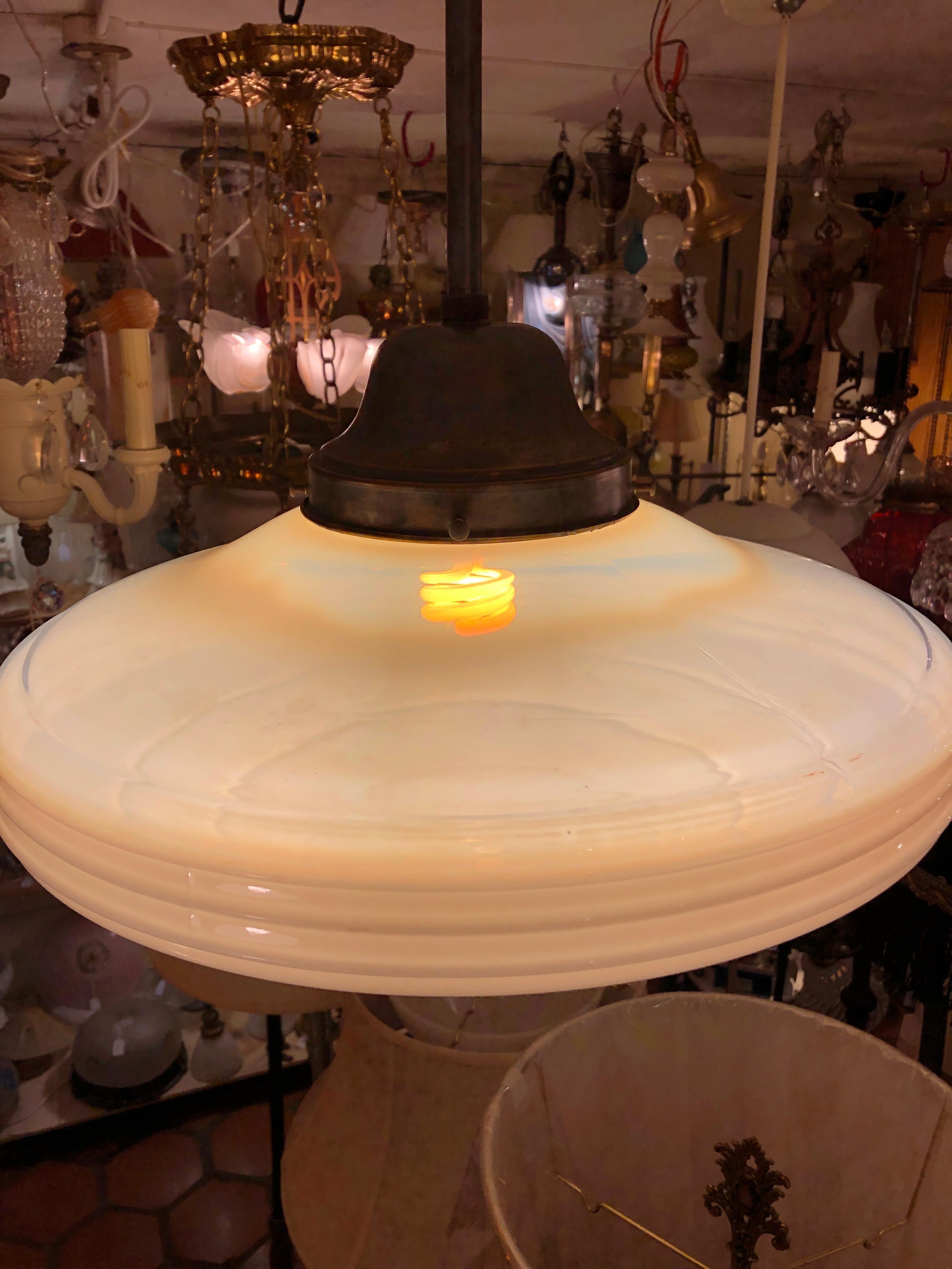 Gorgeous Art Deco Milk Glass and Brass Pendant Chandelier 7