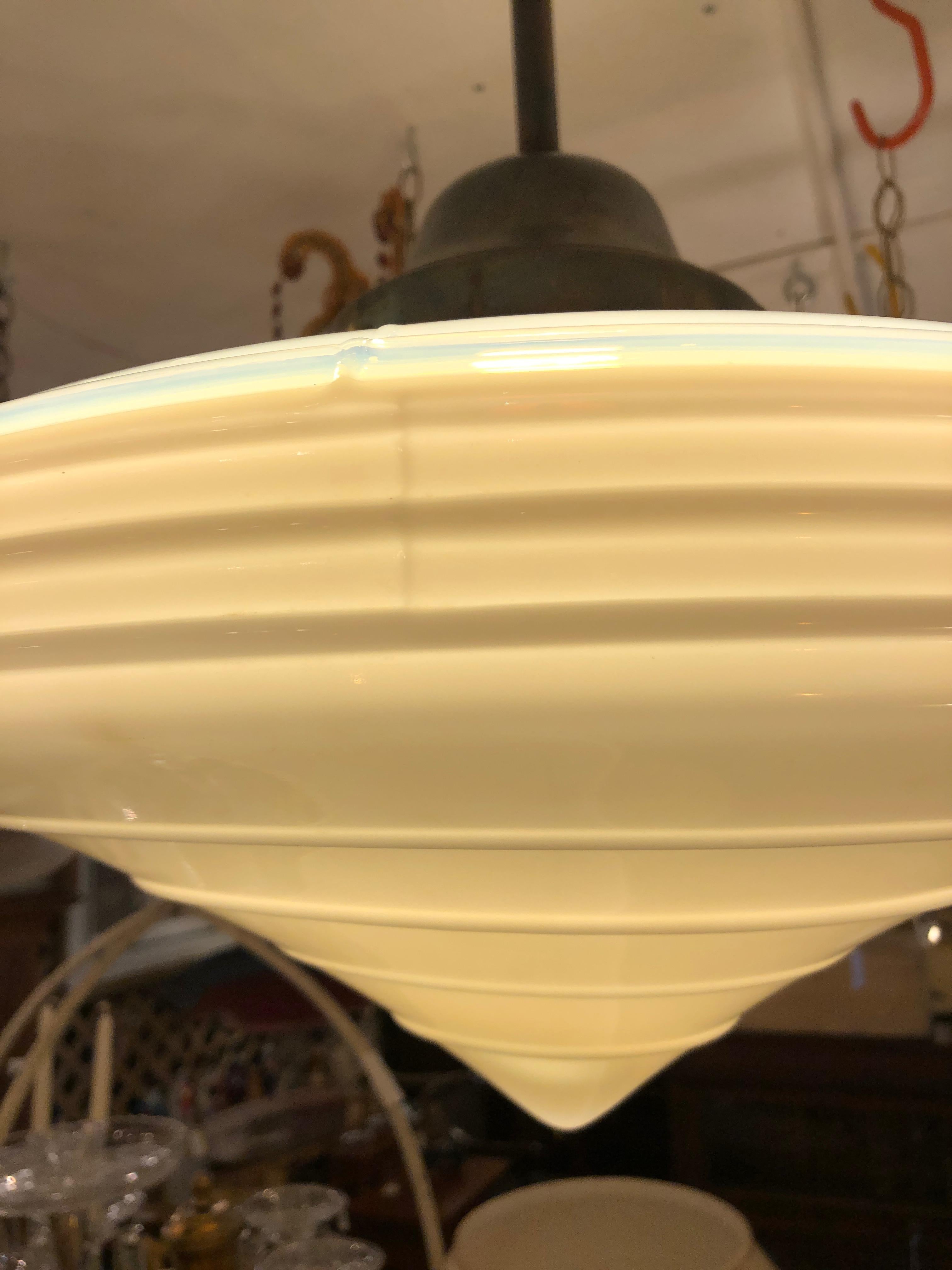 North American Gorgeous Art Deco Milk Glass and Brass Pendant Chandelier