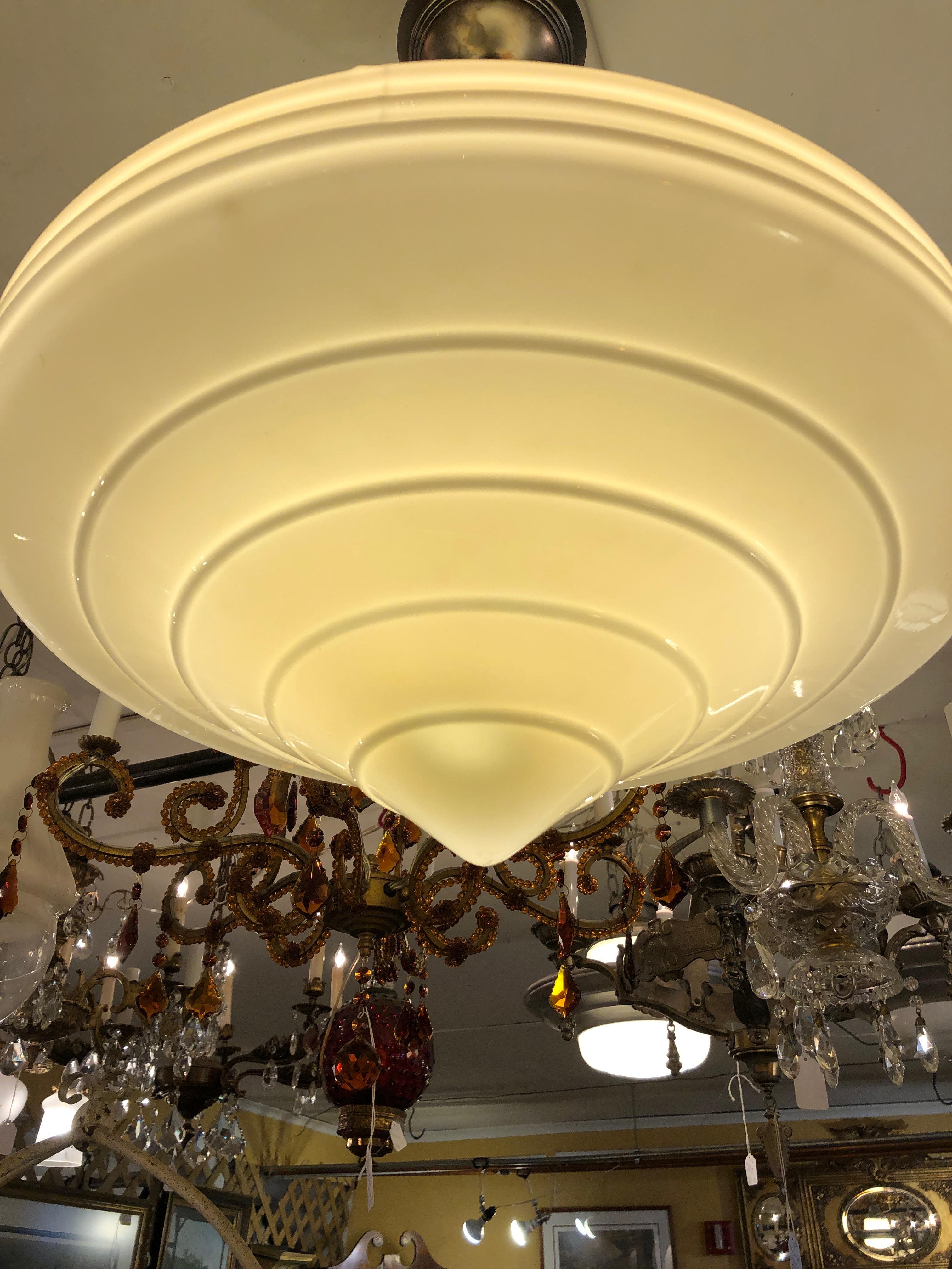 Gorgeous Art Deco Milk Glass and Brass Pendant Chandelier In Excellent Condition In Hopewell, NJ