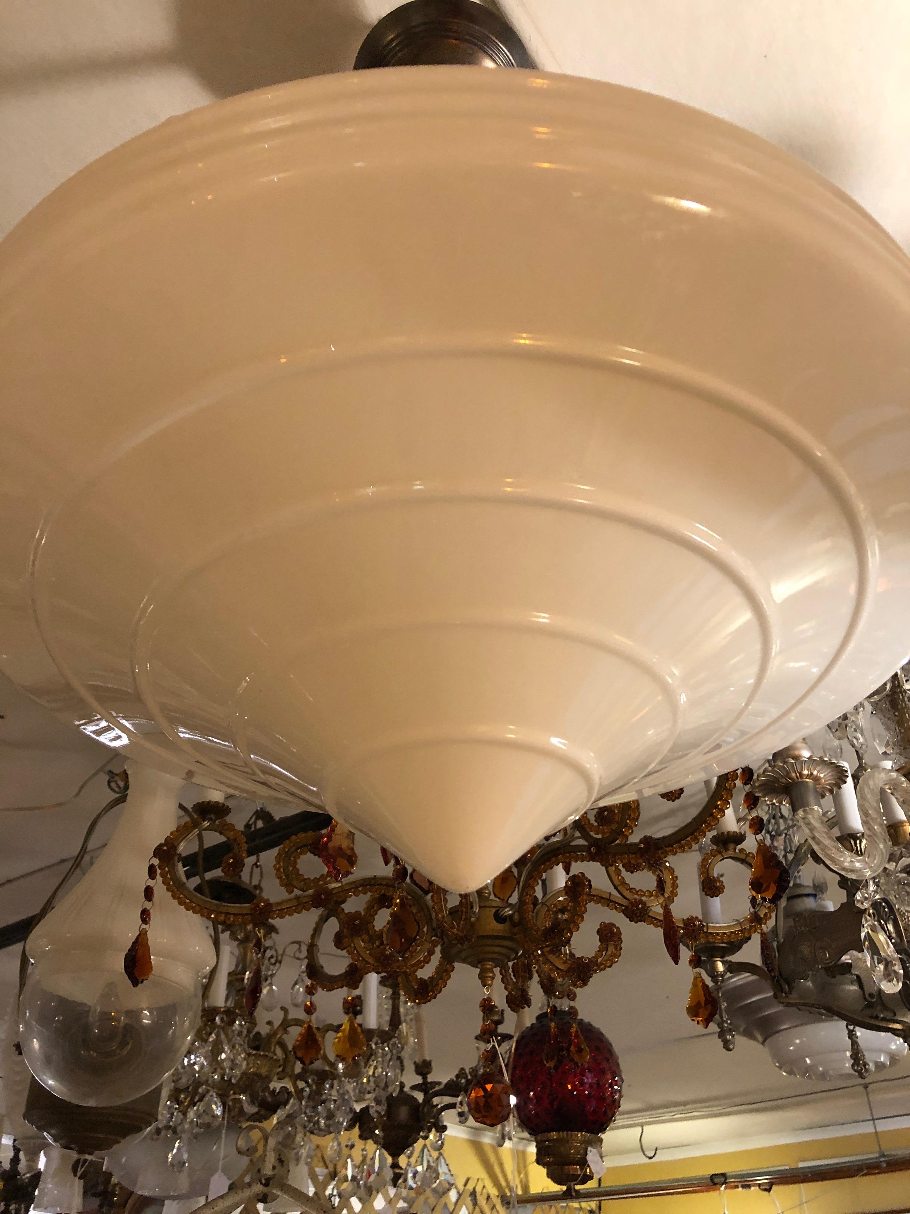 Gorgeous Art Deco Milk Glass and Brass Pendant Chandelier 4