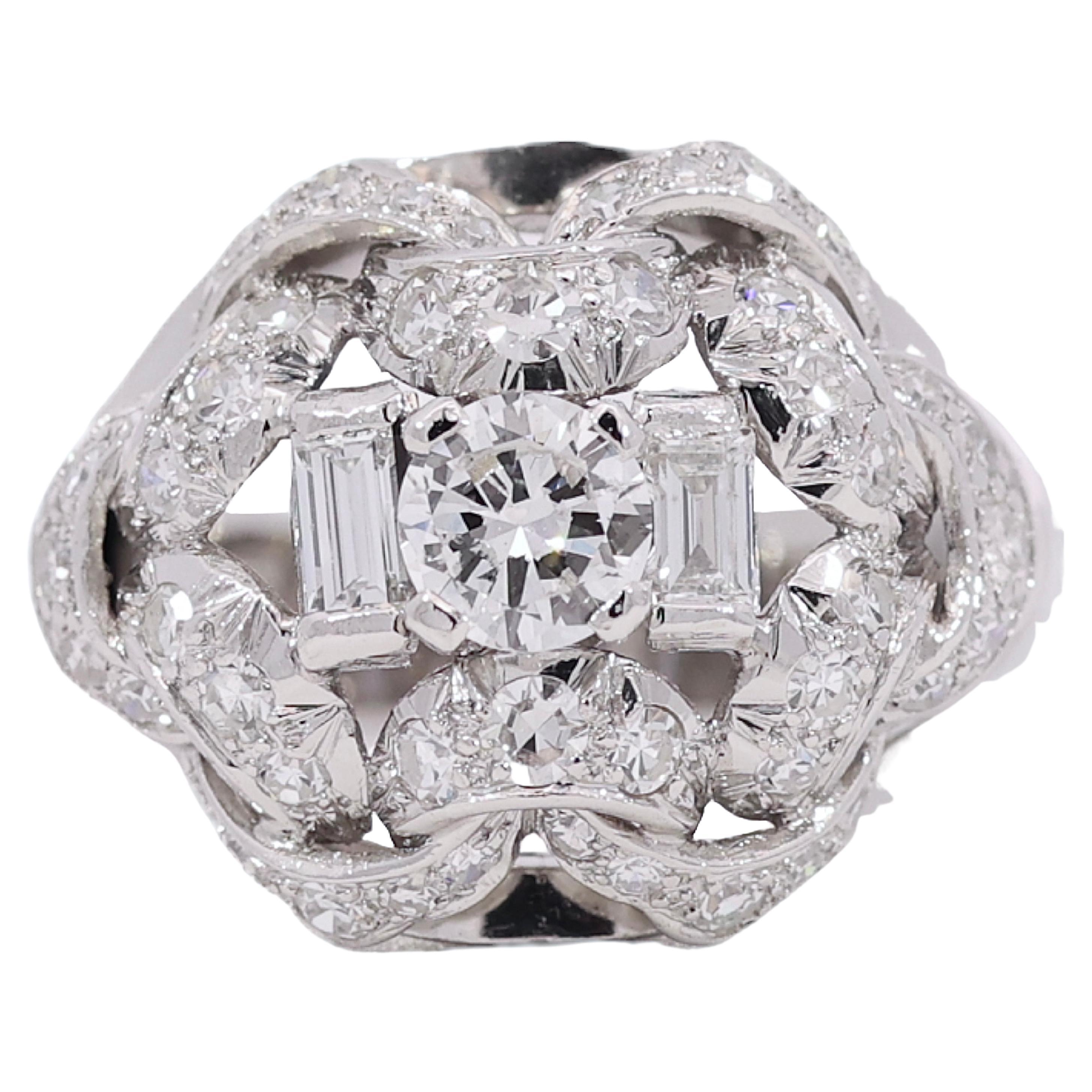 Gorgeous Art Deco Platinum Ring with Approx. 1.54 Carat Diamonds For Sale