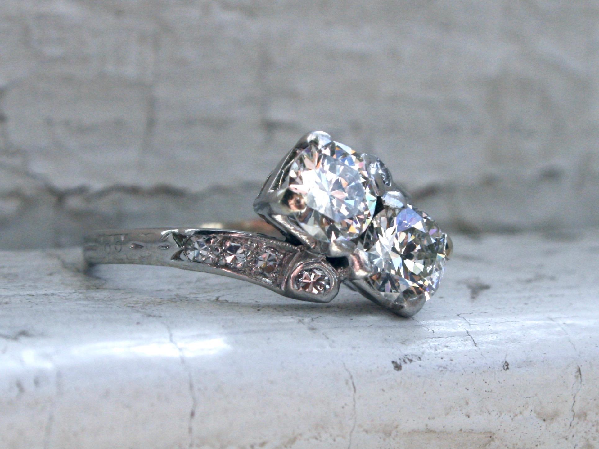 So so gorgeous! I just love this Gorgeous Art Deco Vintage Platinum Diamond Twin Stone/ Toi et Moi Ring - this sparkly antique is really a sight to behold! Crafted in Platinum, this classic antique style of ring holds Two Gorgeous Antique Chunky Old