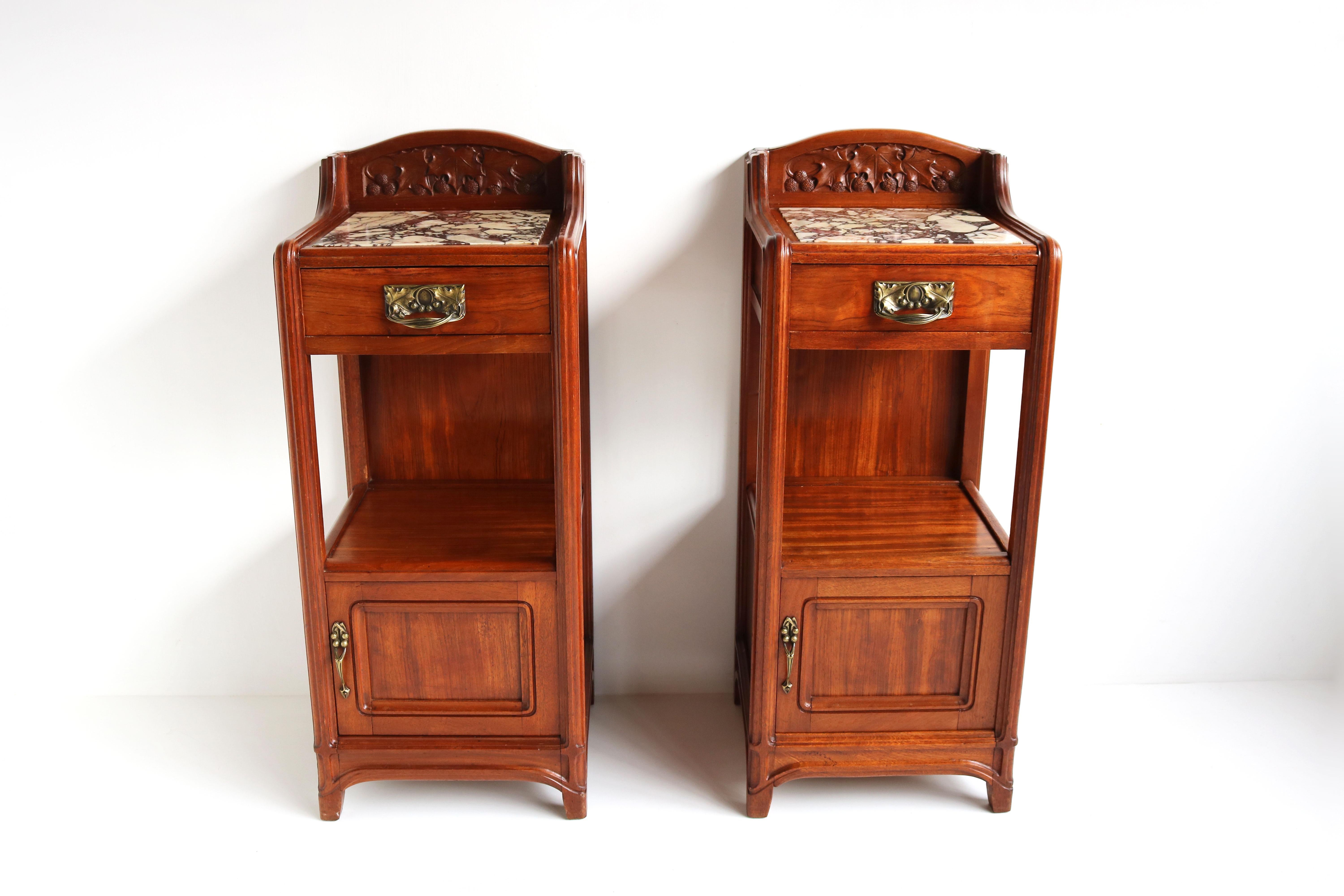 Breathtaking & Luxurious ! This pair of French design Art Nouveau nightstands / bedside tables by Paul Alexandre Dumas. 
Paul Alexandre Dumas a French cabinet maker who worked with / was a pupil of the famous art nouveau designer Louis Majorelle.