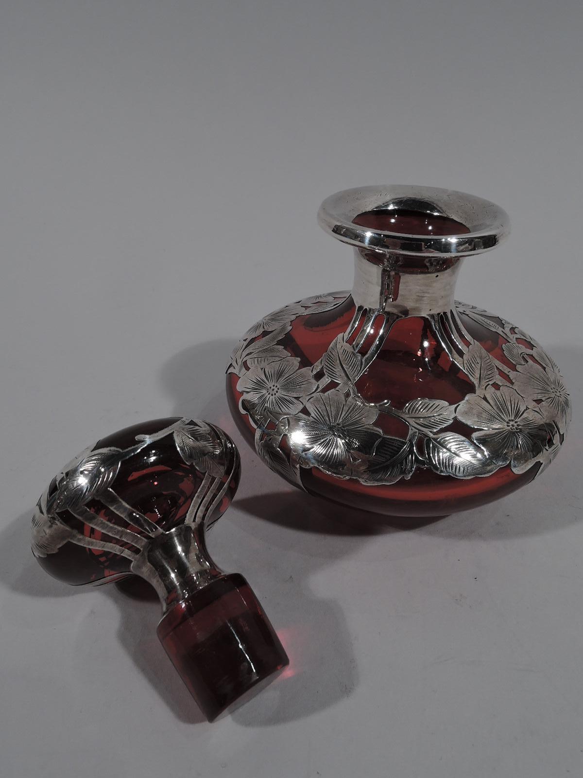 American Gorgeous Art Nouveau Red Silver Overlay Perfume by Alvin