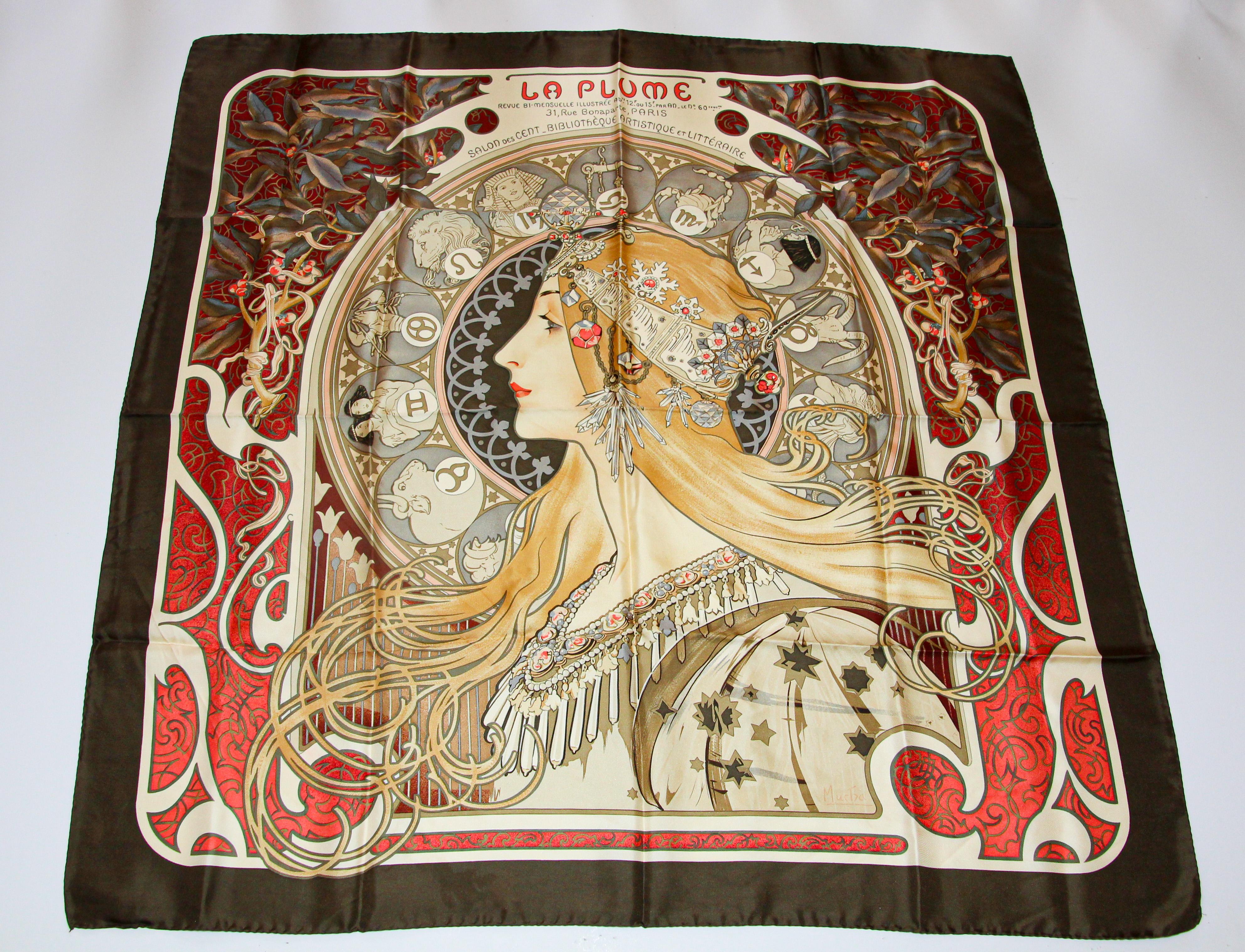 Gorgeous silk scarf in mint pristine condition.
Alphonse Mucha Art Nouveau Zodiac La Plume Silk Scarf.
Silk twill scarf with Art Nouveau image after Alphonse Mucha’s La Plume. 
The scarf features an image of a woman with long blonde hair with a