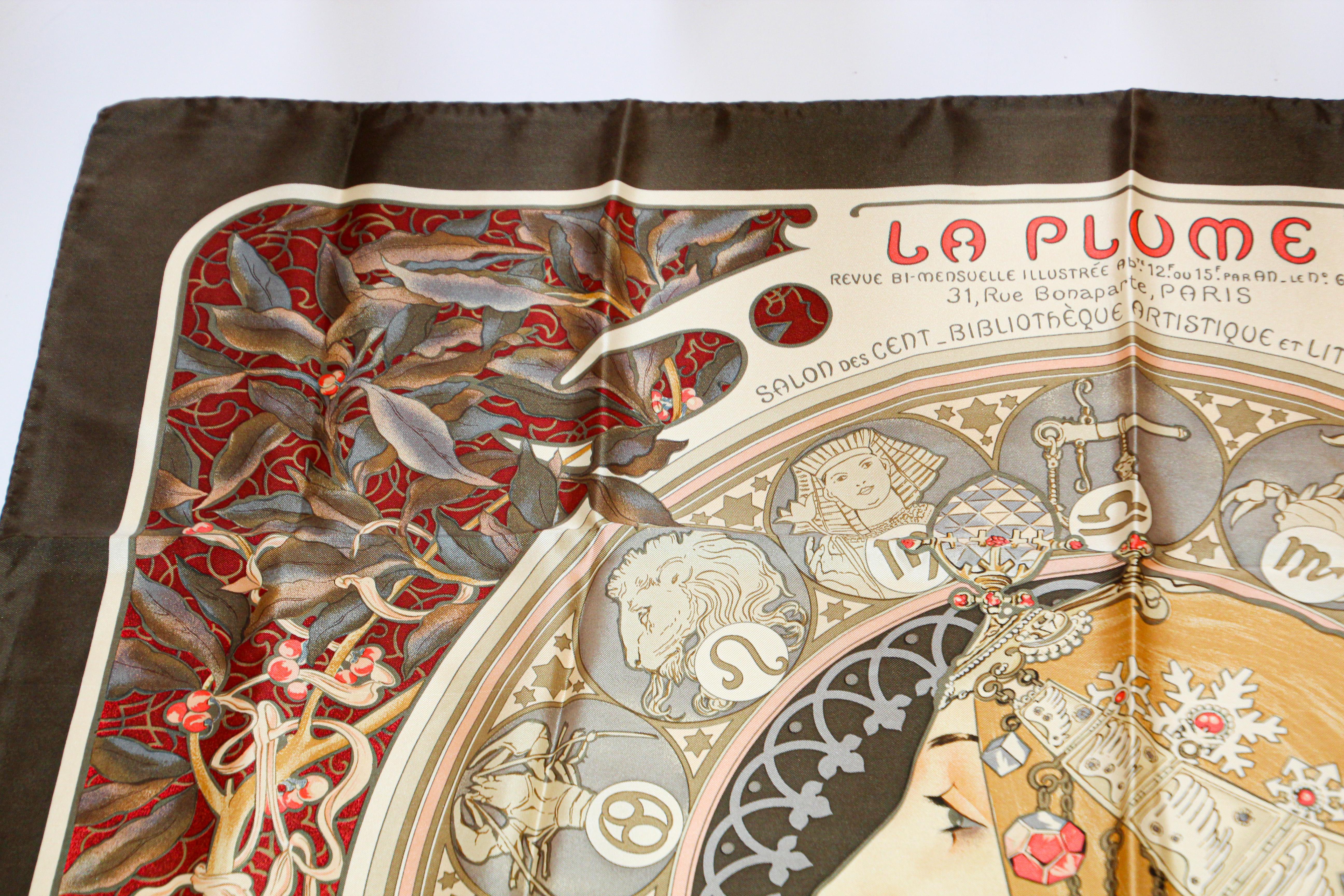 Italian Gorgeous Art Nouveau Zodiac La Plume Silk Scarf after Alphonse Mucha