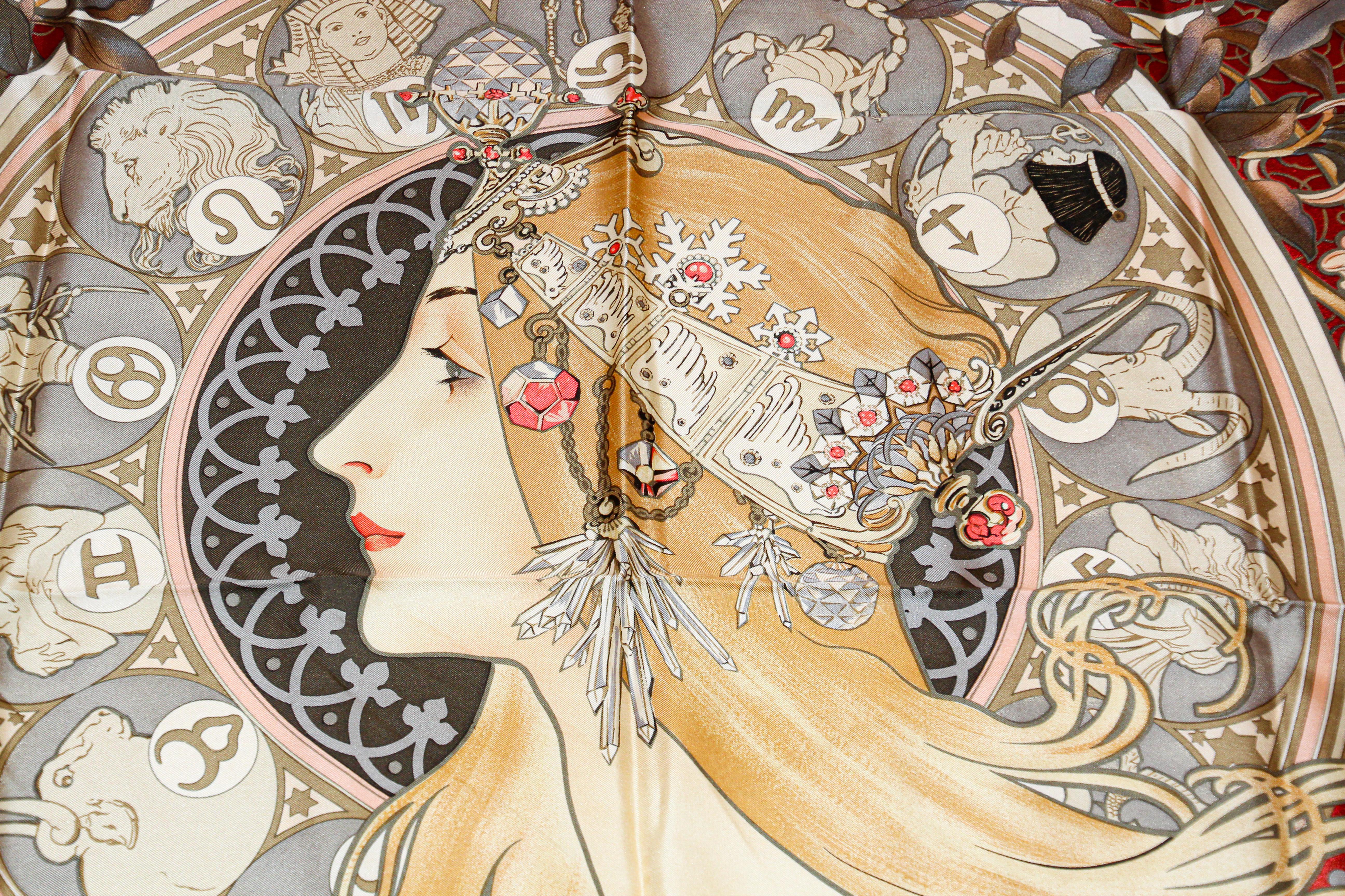 Hand-Crafted Gorgeous Art Nouveau Zodiac La Plume Silk Scarf after Alphonse Mucha