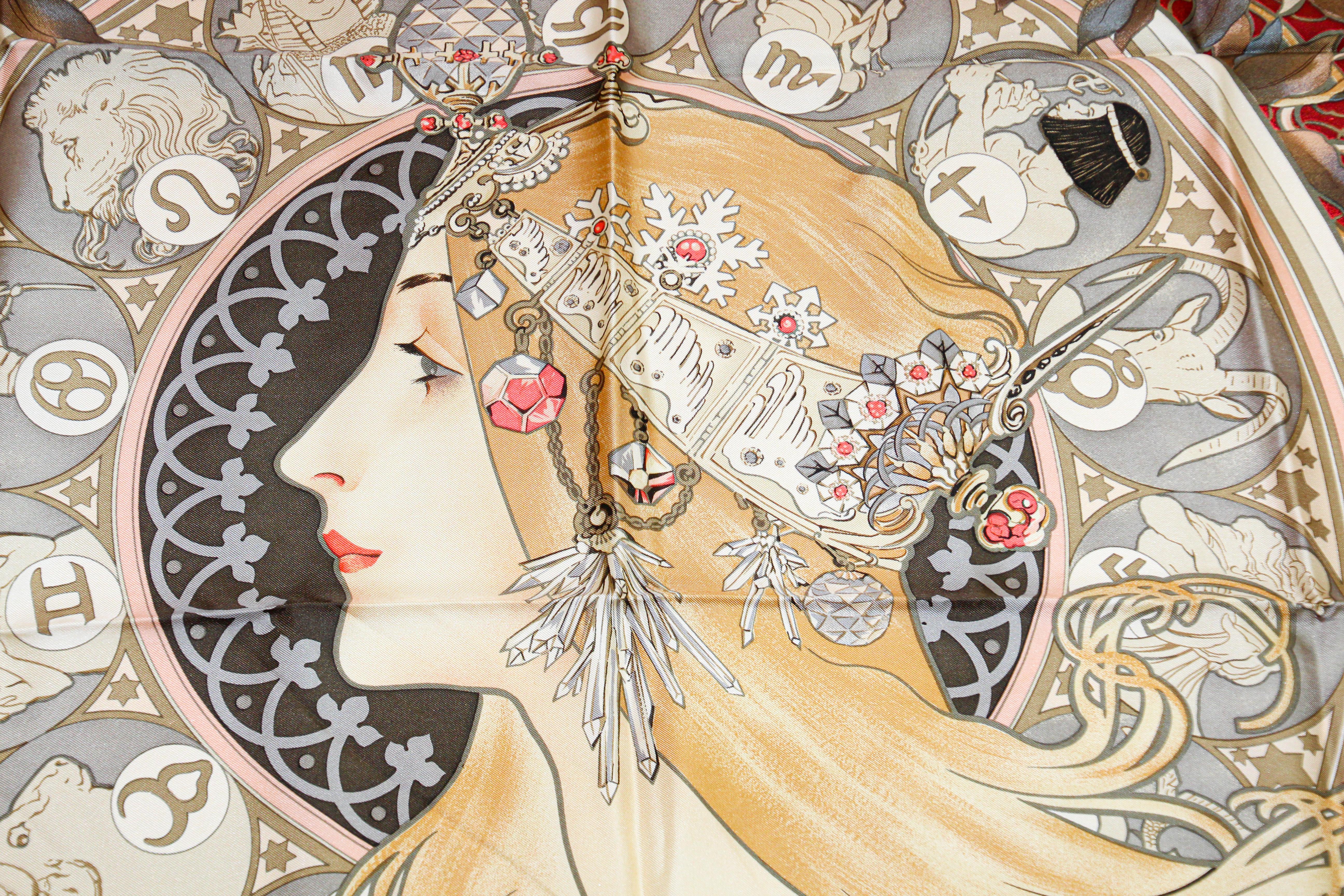 Gorgeous Art Nouveau Zodiac La Plume Silk Scarf after Alphonse Mucha 2