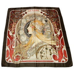 Gorgeous Art Nouveau Zodiac La Plume Silk Scarf after Alphonse Mucha