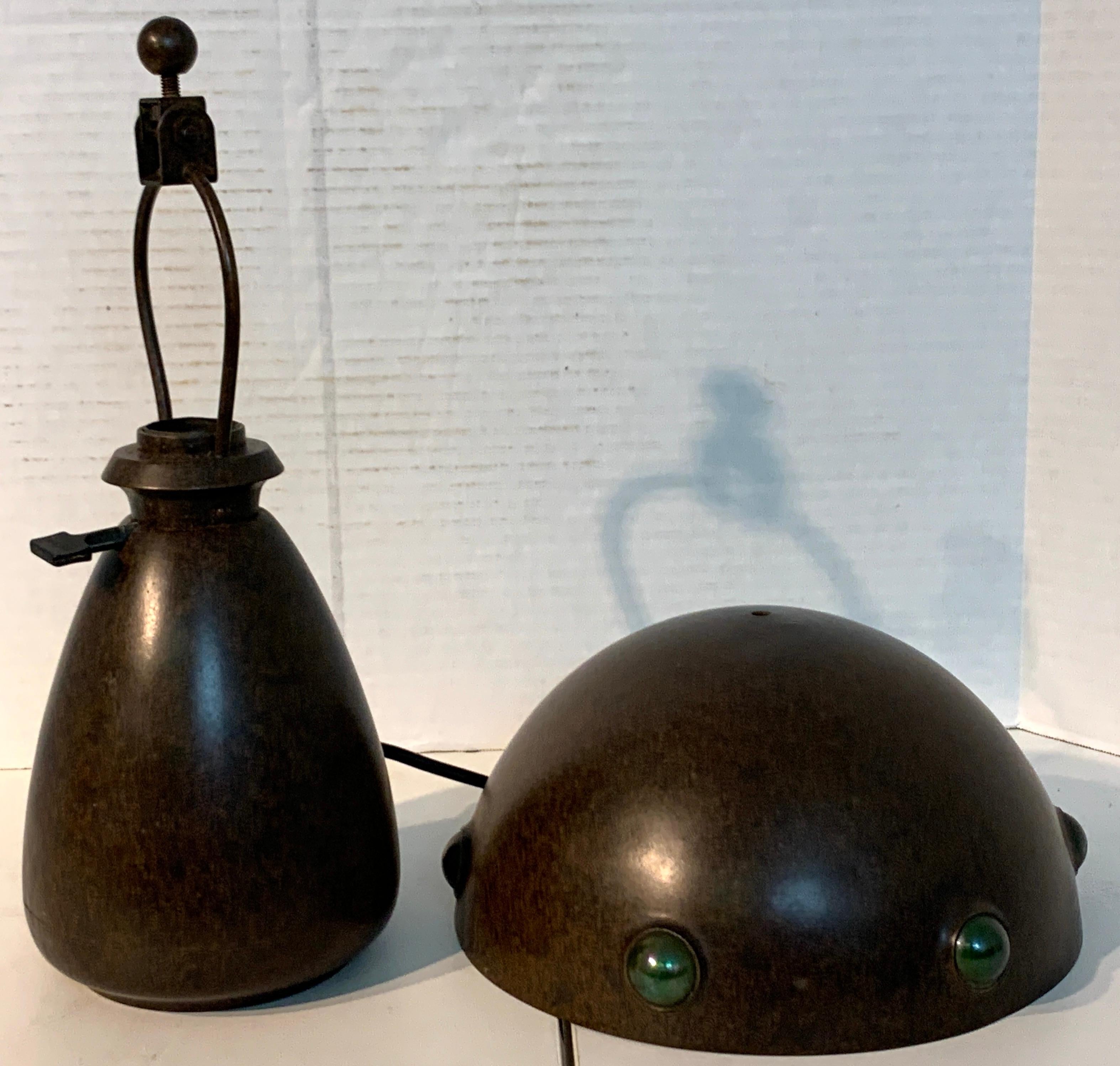 American Gorgeous Arts & Crafts Bronze and Art Glass Mushroom Lamp