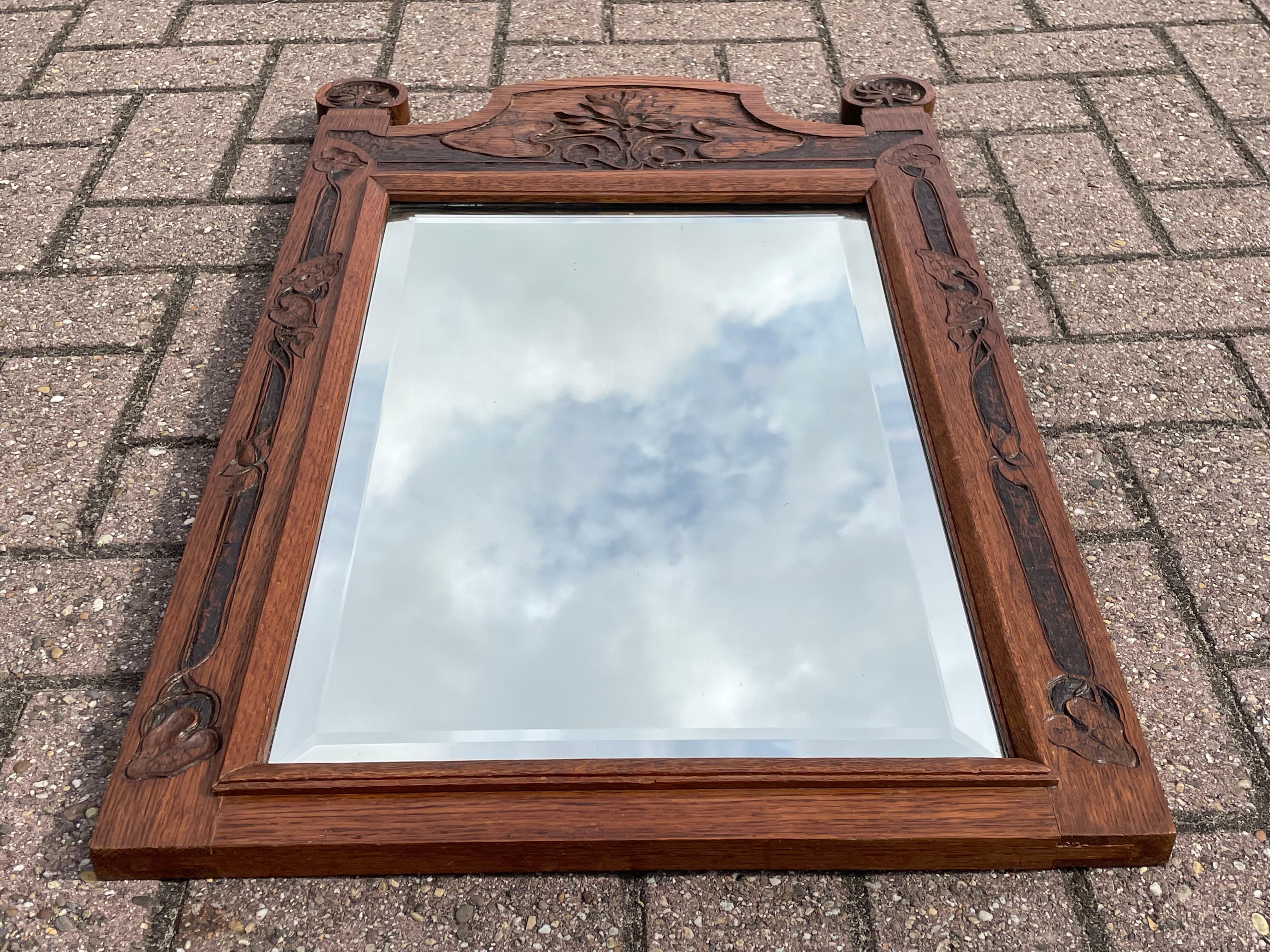 Gorgeous Arts & Crafts Wall Mirror w. Hand Carved Lotus Flower & Leaf Sculptures For Sale 2