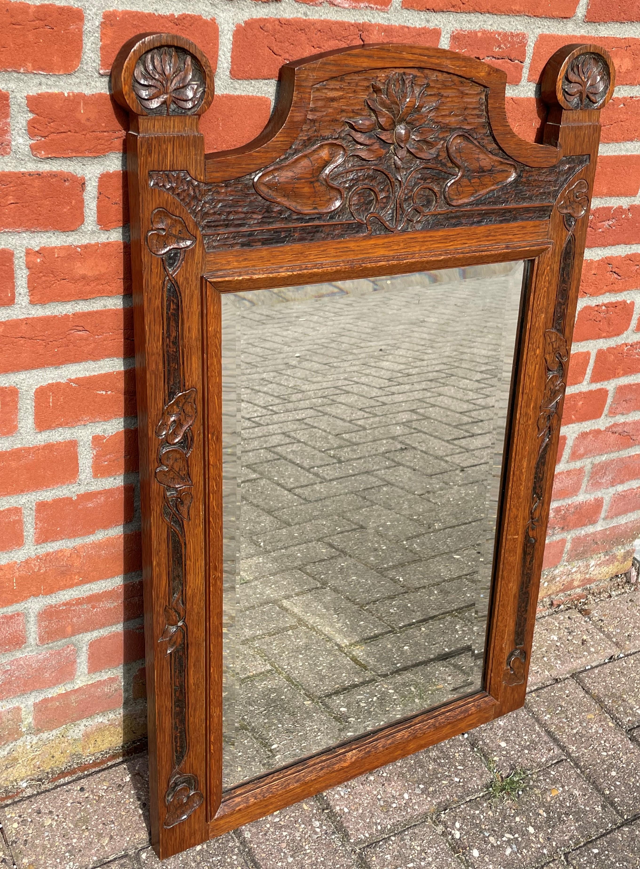 Gorgeous Arts & Crafts Wall Mirror w. Hand Carved Lotus Flower & Leaf Sculptures For Sale 5