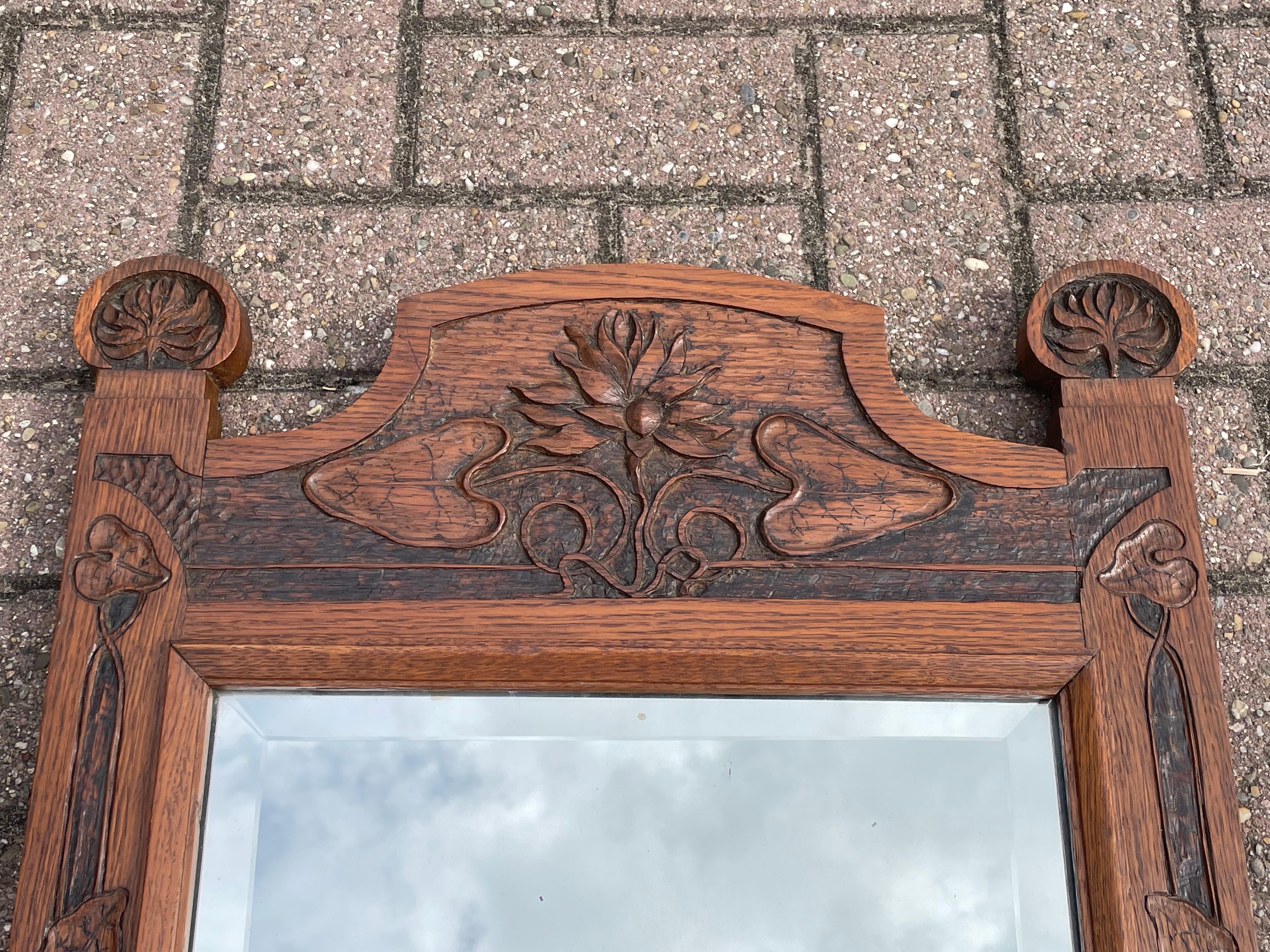 20th Century Gorgeous Arts & Crafts Wall Mirror w. Hand Carved Lotus Flower & Leaf Sculptures For Sale
