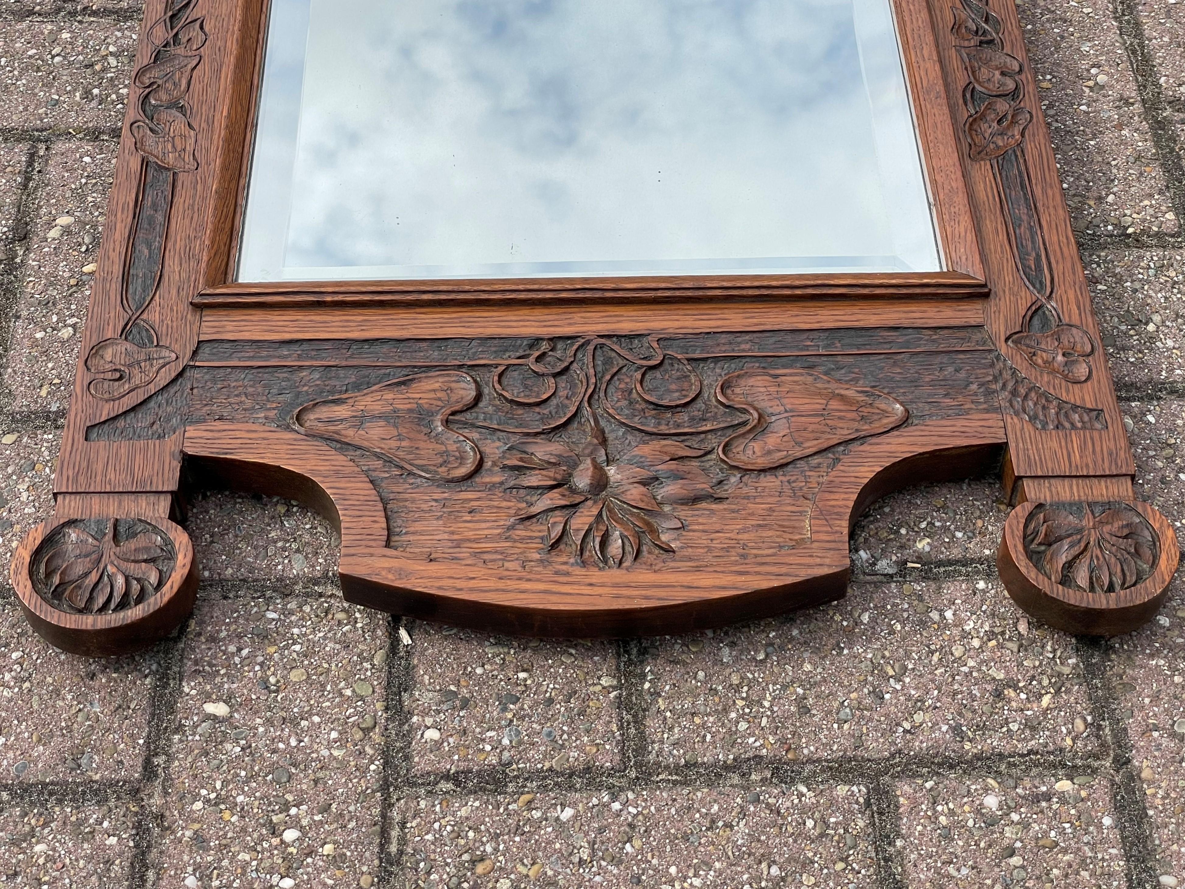 Gorgeous Arts & Crafts Wall Mirror w. Hand Carved Lotus Flower & Leaf Sculptures For Sale 1