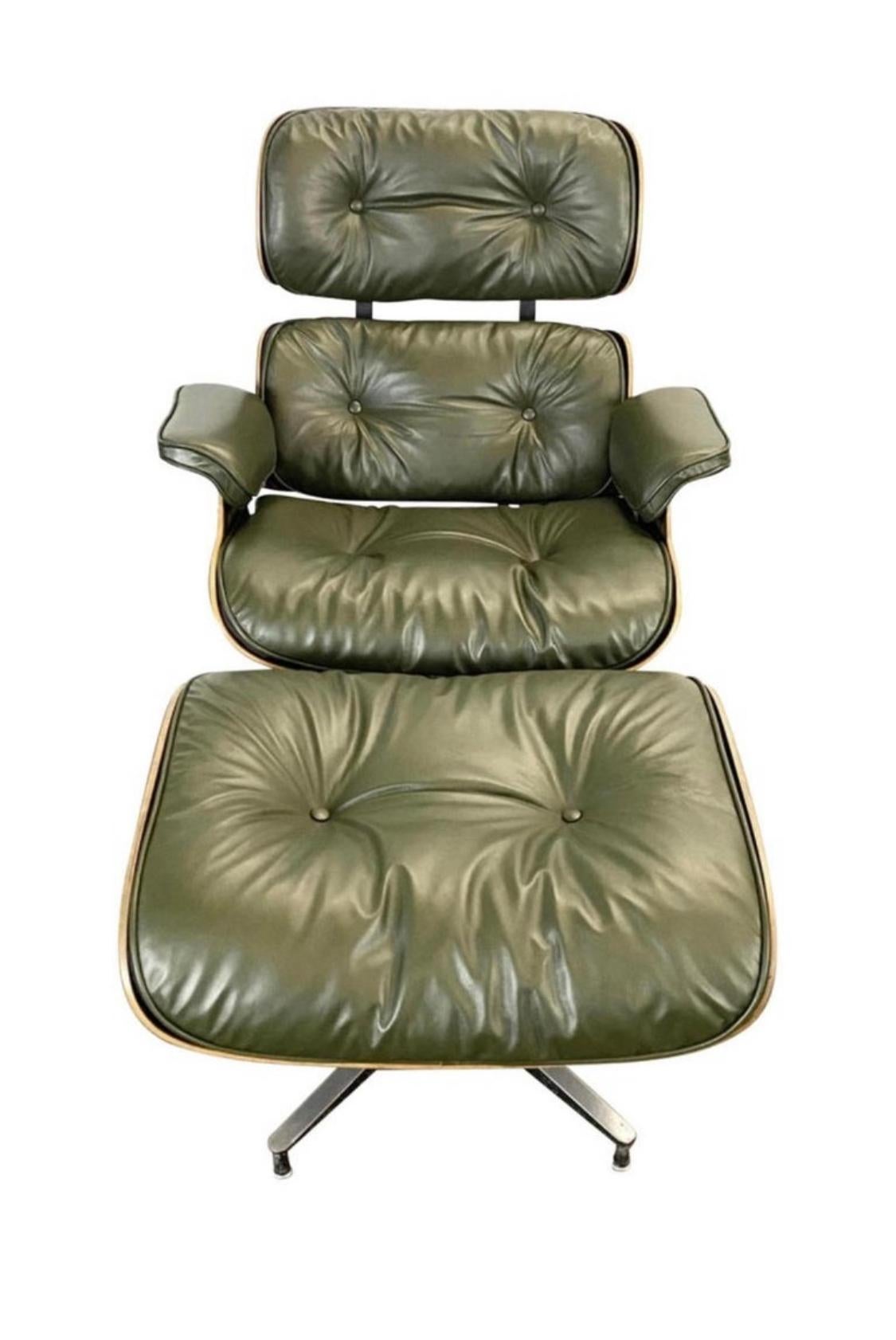 Not a color you see often! A classic Eames lounge chair and ottoman with vintage wood and metal components outfitted in brand new leather cushions in Avocado shade. 3-4 week production time. Signed and guaranteed authentic Herman see Miller Eames