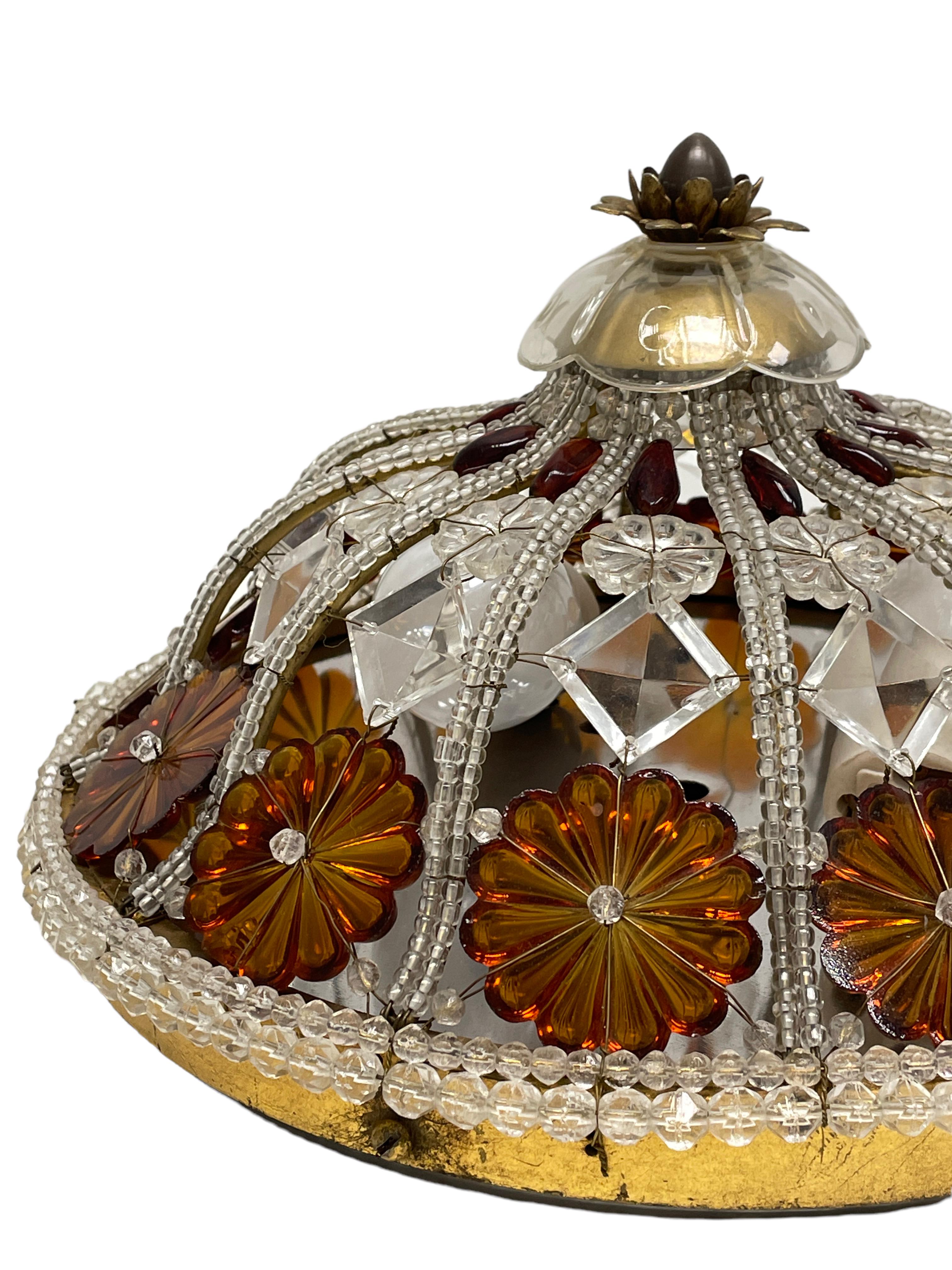 French Gorgeous Bagues Beaded Crystal Glass Flush Mount, Midcentury, France, 1950s For Sale