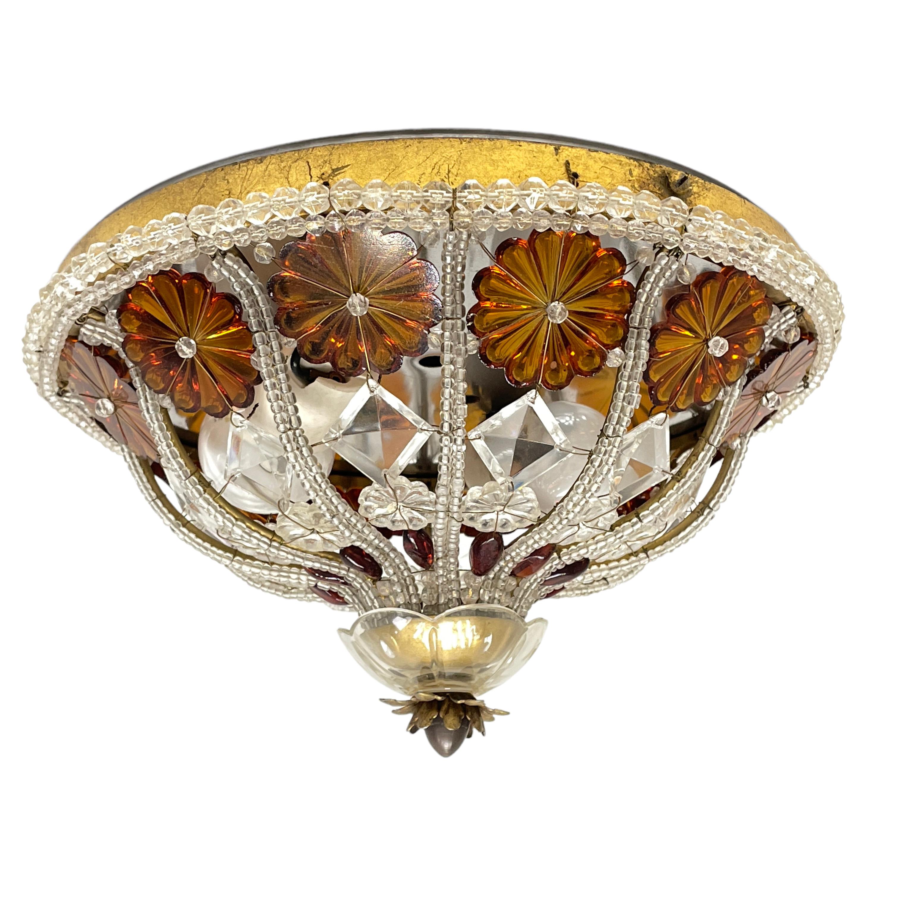 Metal Gorgeous Bagues Beaded Crystal Glass Flush Mount, Midcentury, France, 1950s For Sale