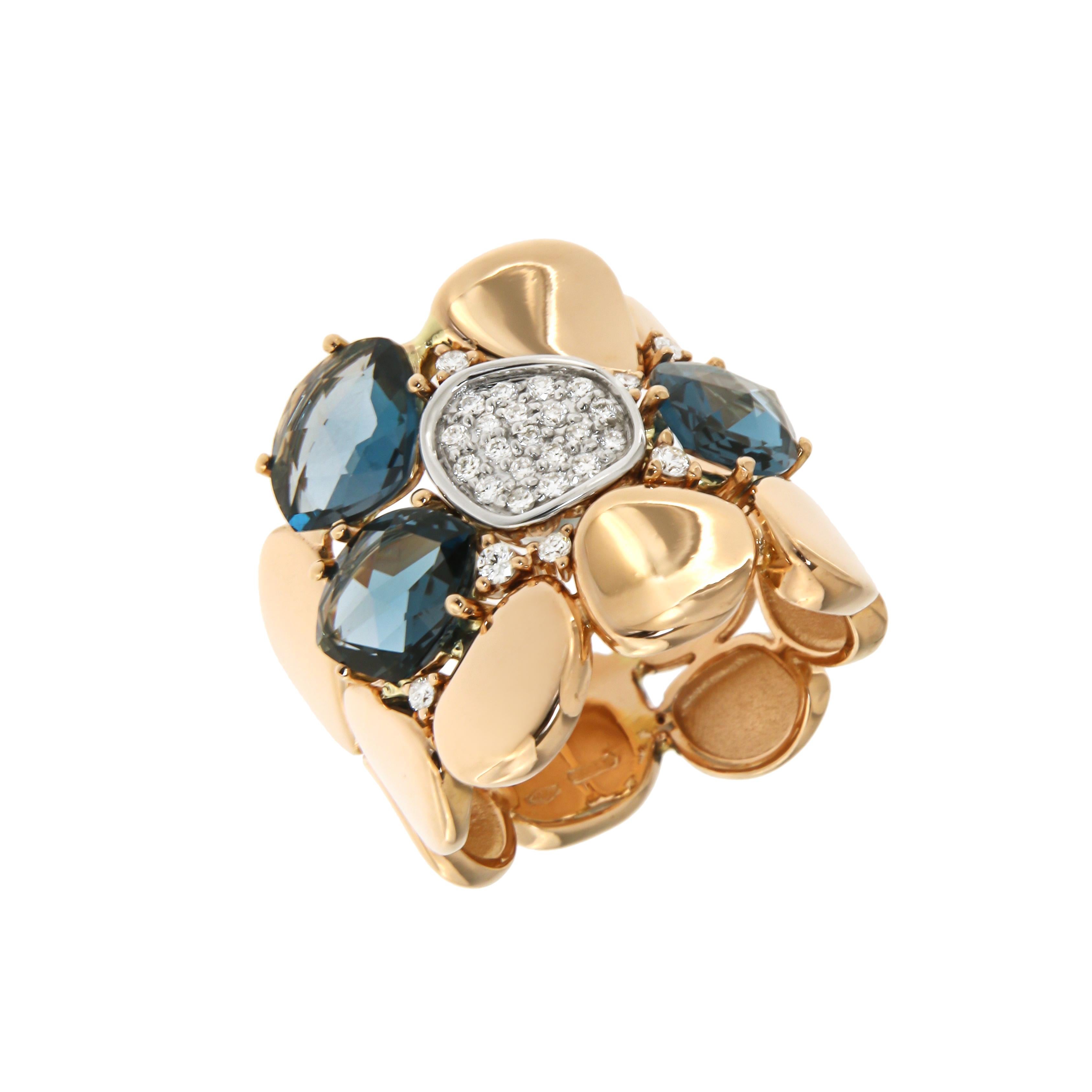 Ring Rose Gold 18 K (Same Style Smaller Model Available)
Diamond 0,21 ct
London Blue Topaz 

Weight 10.8 grams
Different Sizes Available

With a heritage of ancient fine Swiss jewelry traditions, NATKINA is a Geneva based jewellery brand, which