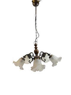 Gorgeous Belgium Tole Wood Metal Glas Shade Five Light Chandelier, 1970s