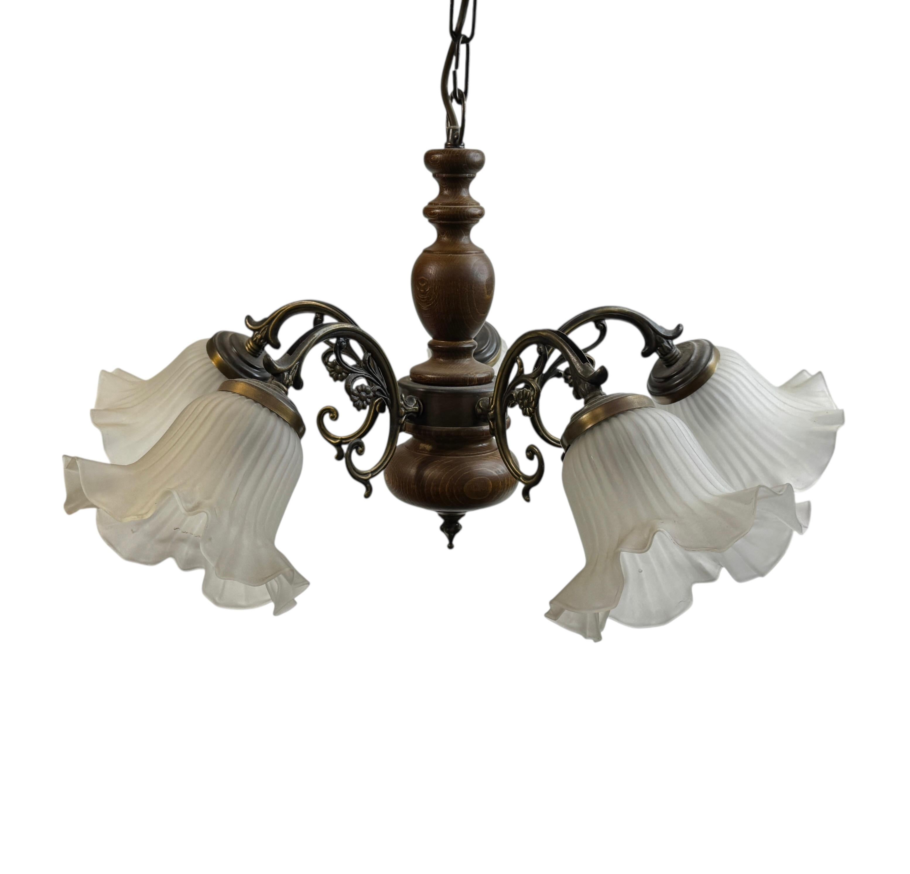 Gorgeous Belgium Tole Wood Metal Glas Shade Five Light Chandelier, 1970s
