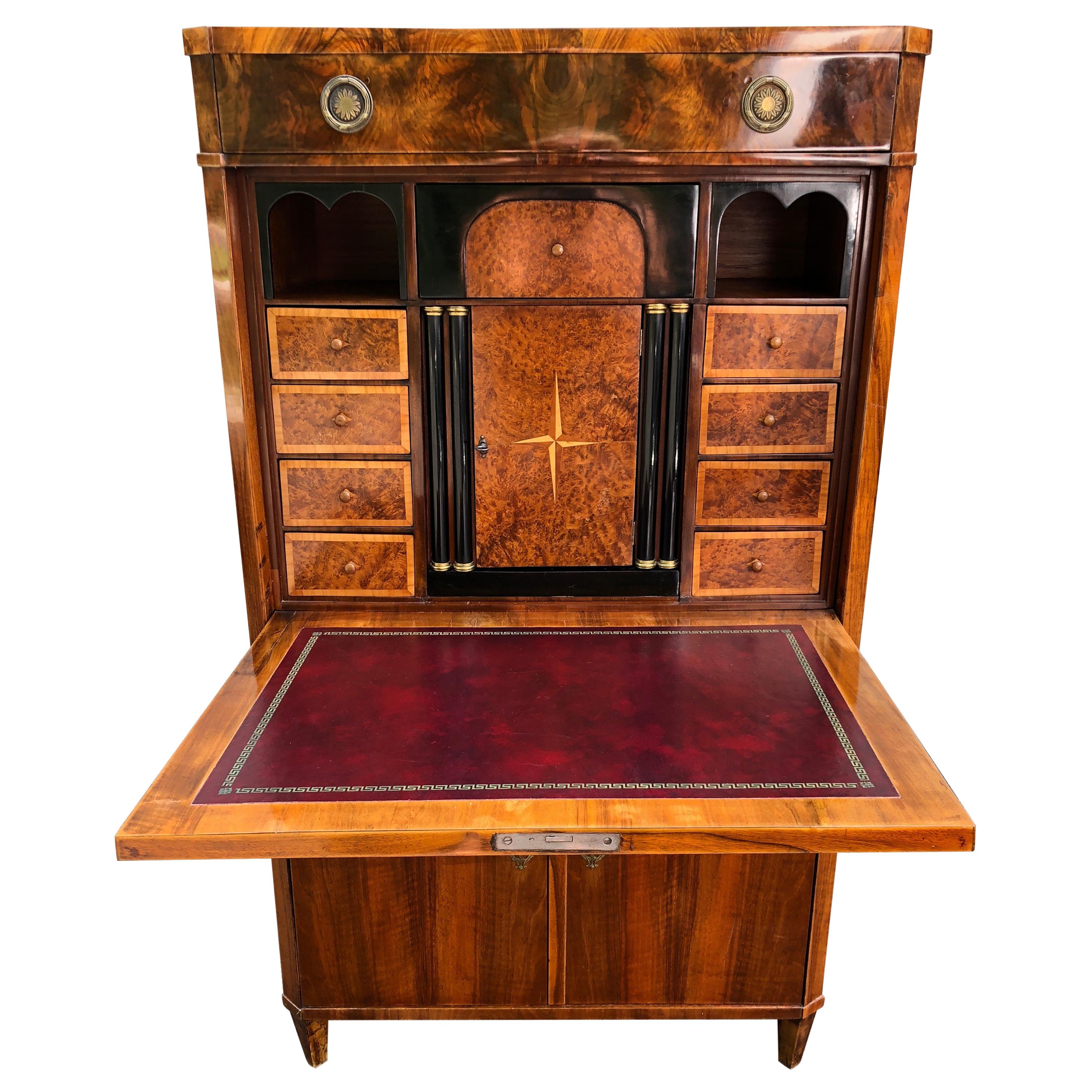 Gorgeous Biedermeier Mixed Wood and Red Leather Secretary Cabinet